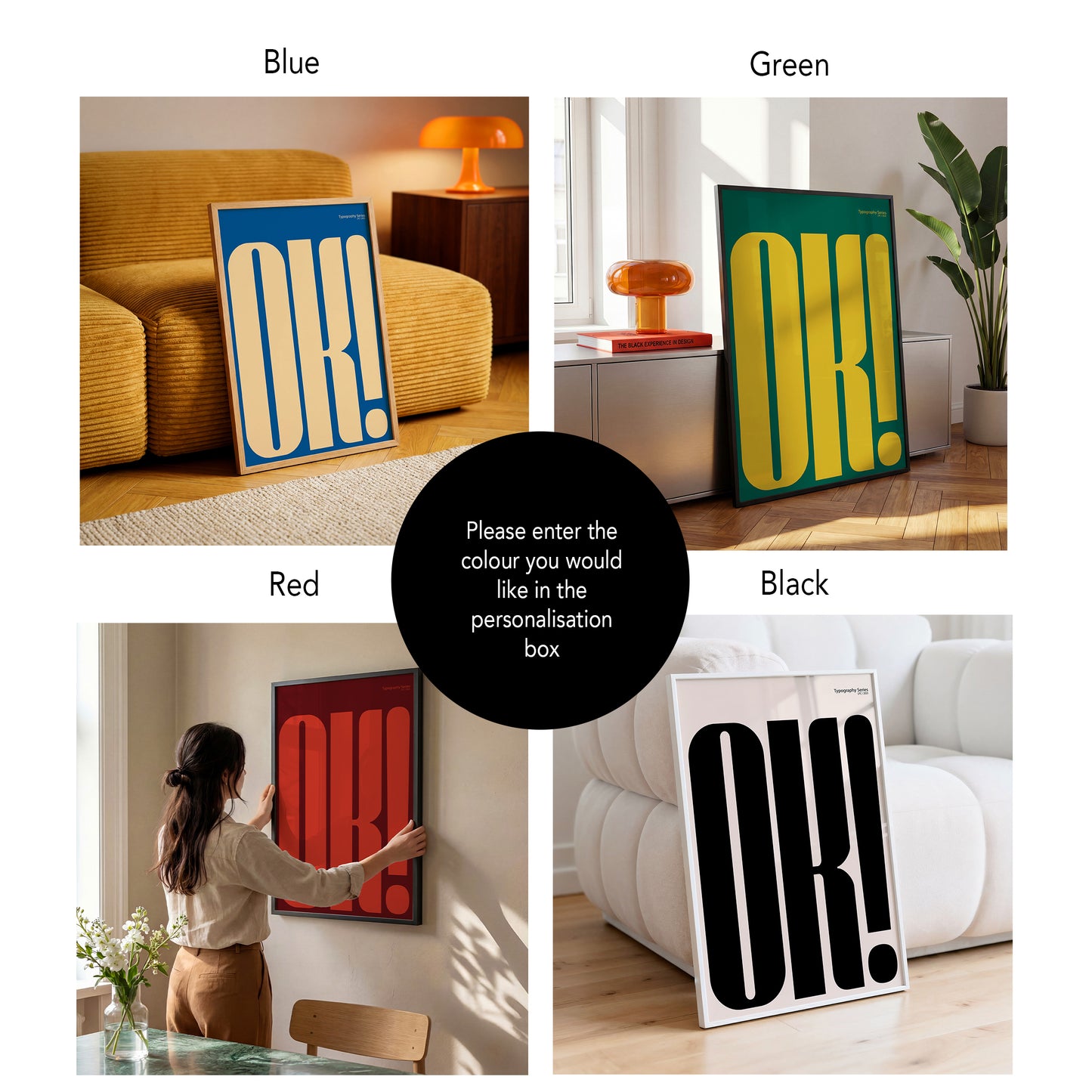 The image is a collage of four different images, each depicting a person interacting with a large "OK!" sign in a different color.