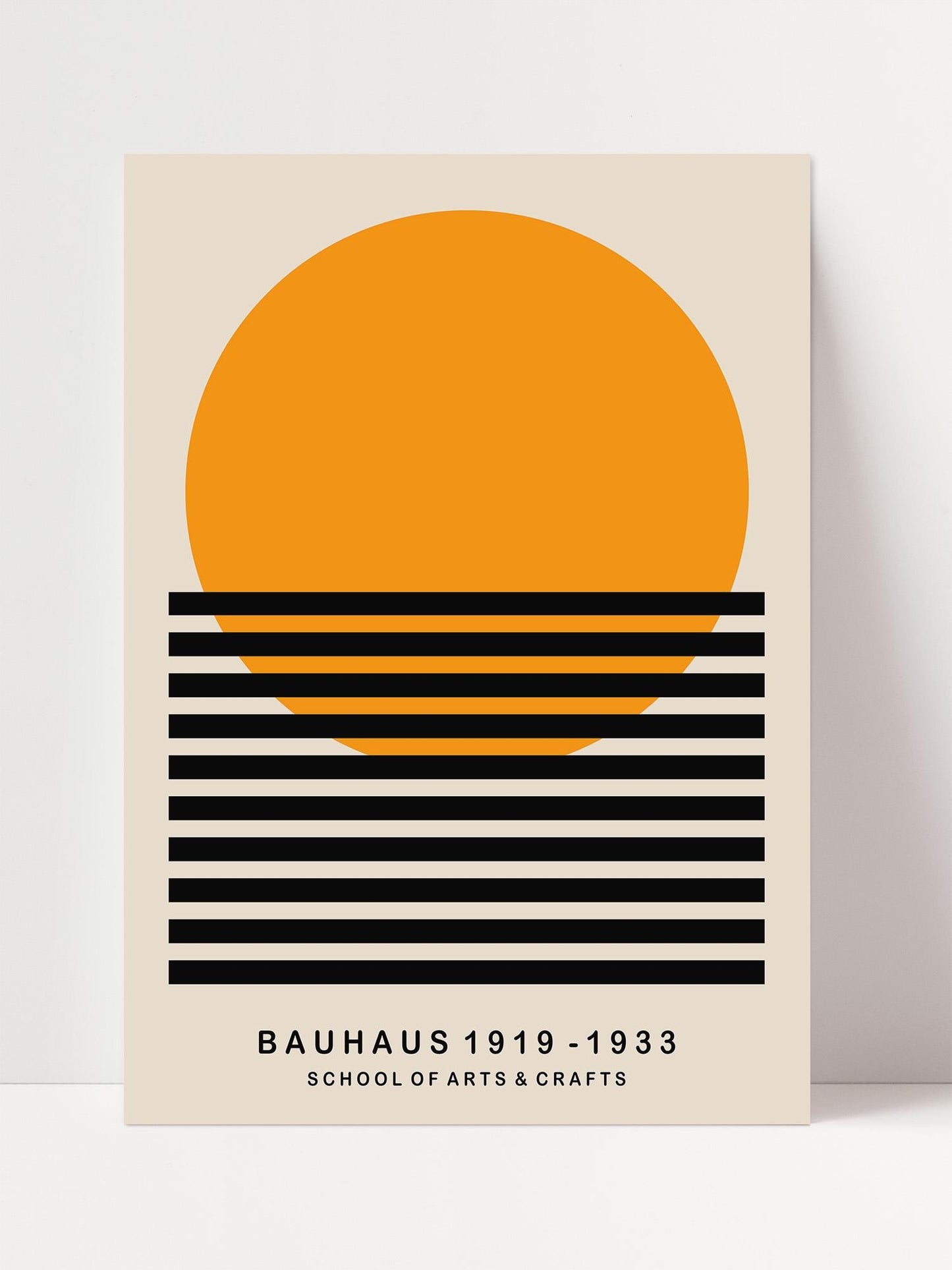 The image is a poster for the Bauhaus School of Arts & Crafts, featuring a large orange circle with black horizontal lines below it.
