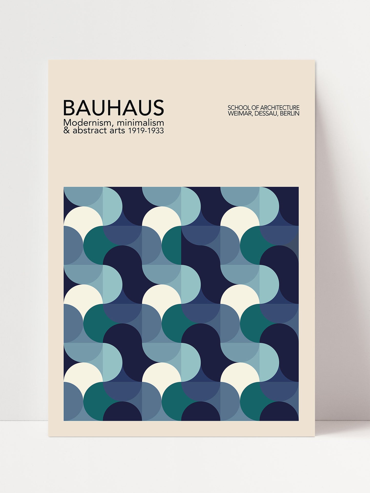The image is a poster for the Bauhaus School of Architecture in Berlin, featuring a geometric pattern in shades of blue and white.