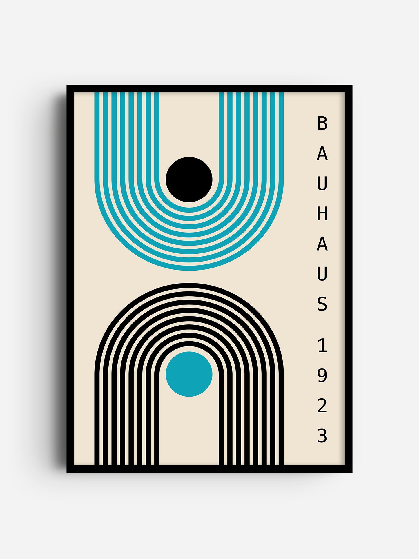 The image is a framed poster featuring a minimalist design with geometric shapes and a central blue circle.