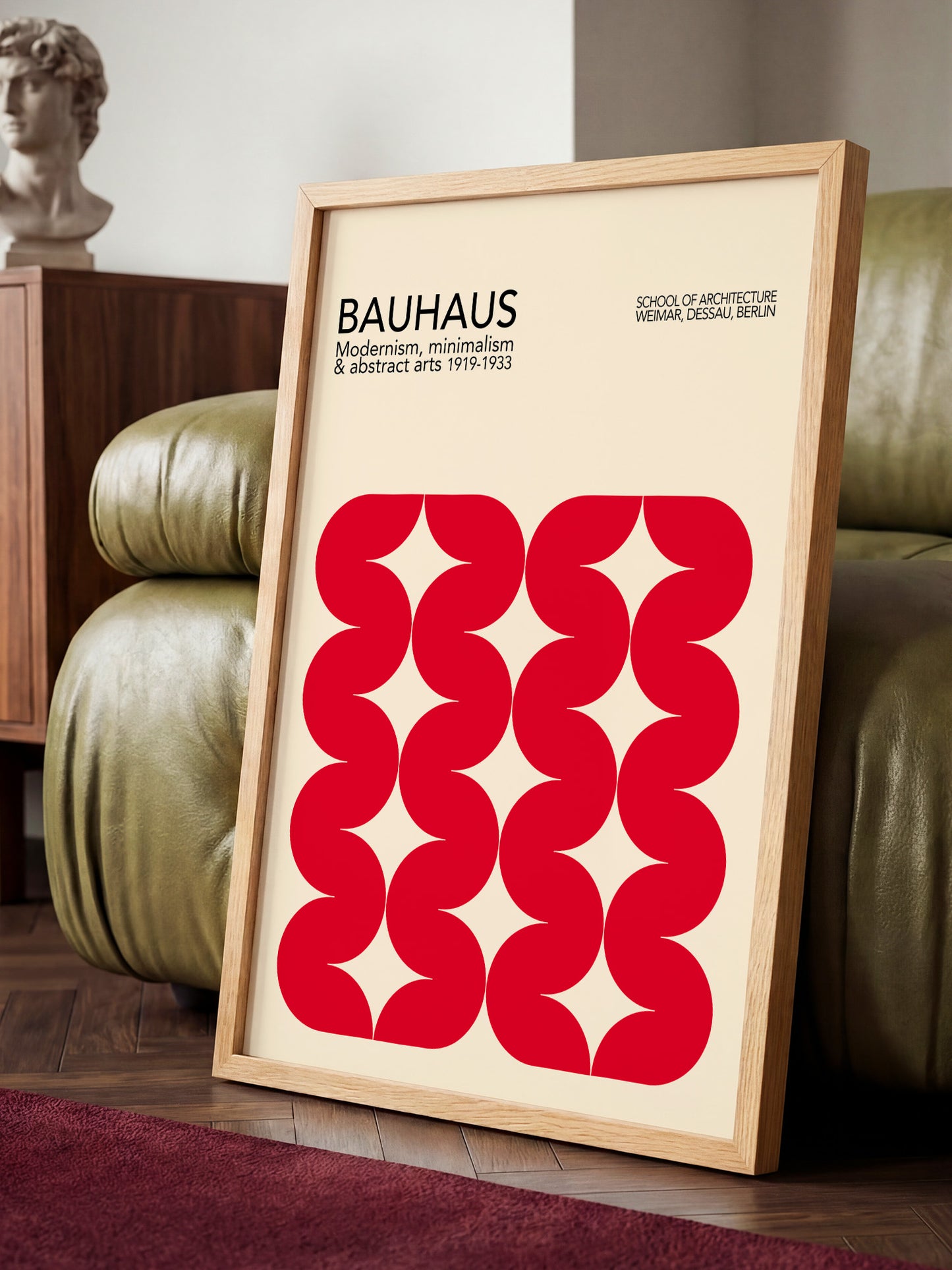 a framed poster of the Bauhaus school of architecture, showcasing the minimalist and abstract art style of the Bauhaus movement.