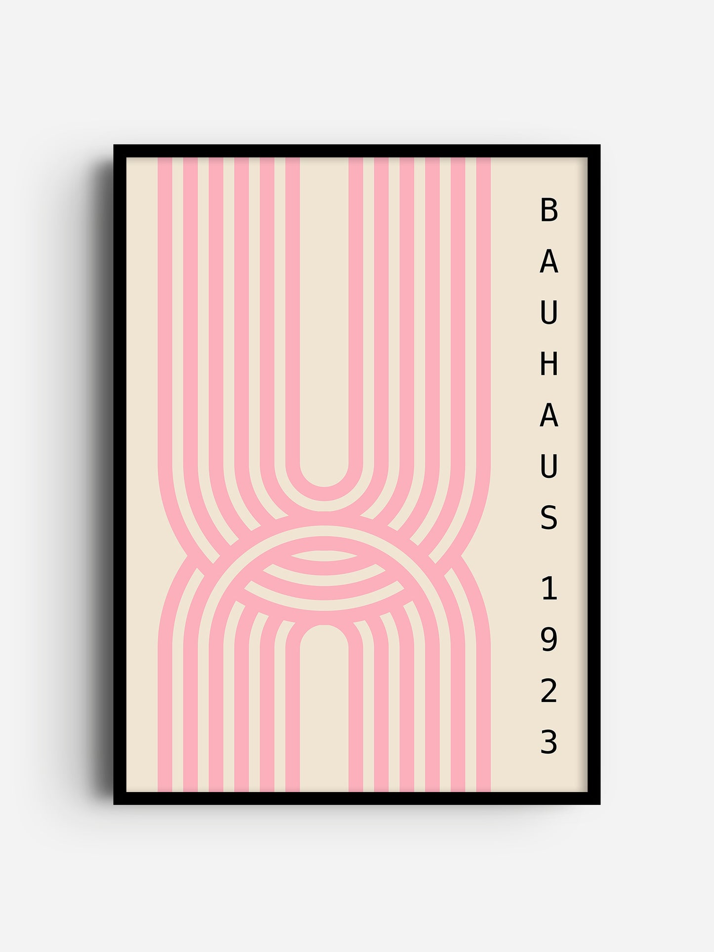 The image is a framed poster featuring a minimalist design with a repeating pattern of pink and white stripes.