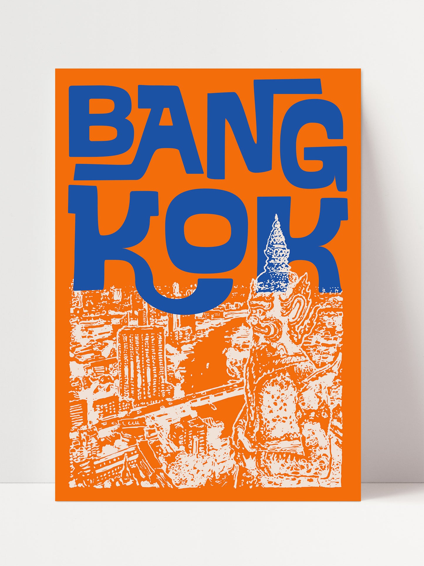 The image is a poster featuring the word "BANG KOK" in large blue letters, with an illustration of a cityscape below.