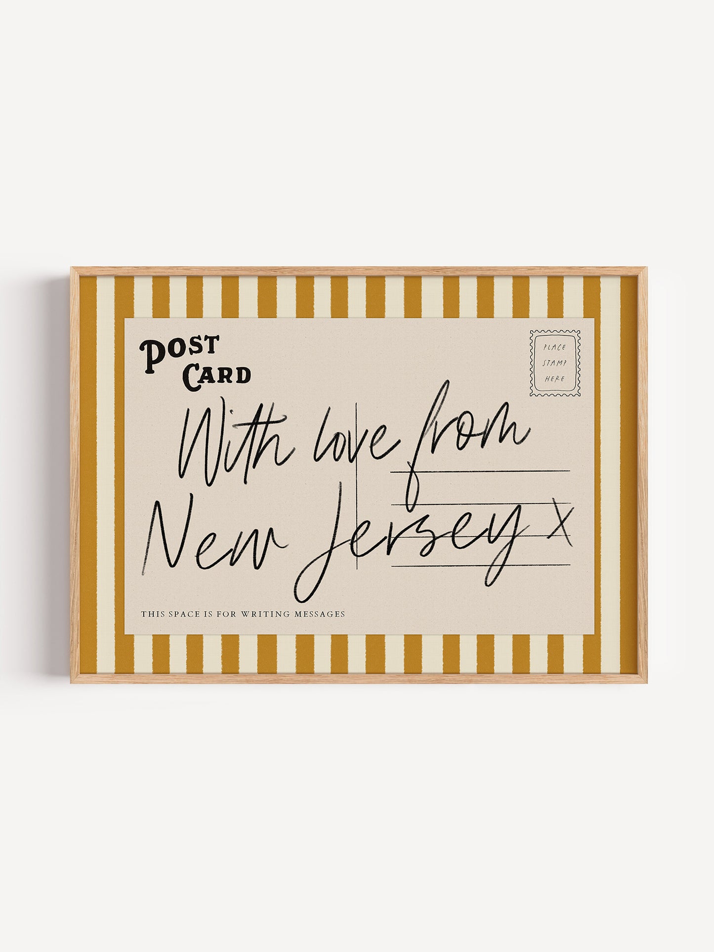 The image is a framed postcard with handwritten text that reads "With love from New Jersey x".
