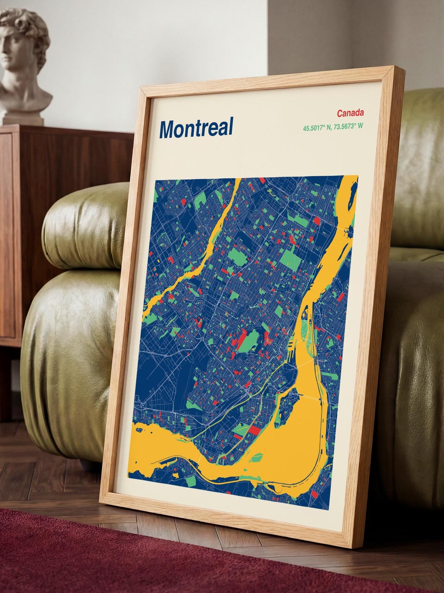 A framed map of Montreal, Canada, displaying the city's streets and landmarks in a colorful, stylized manner.