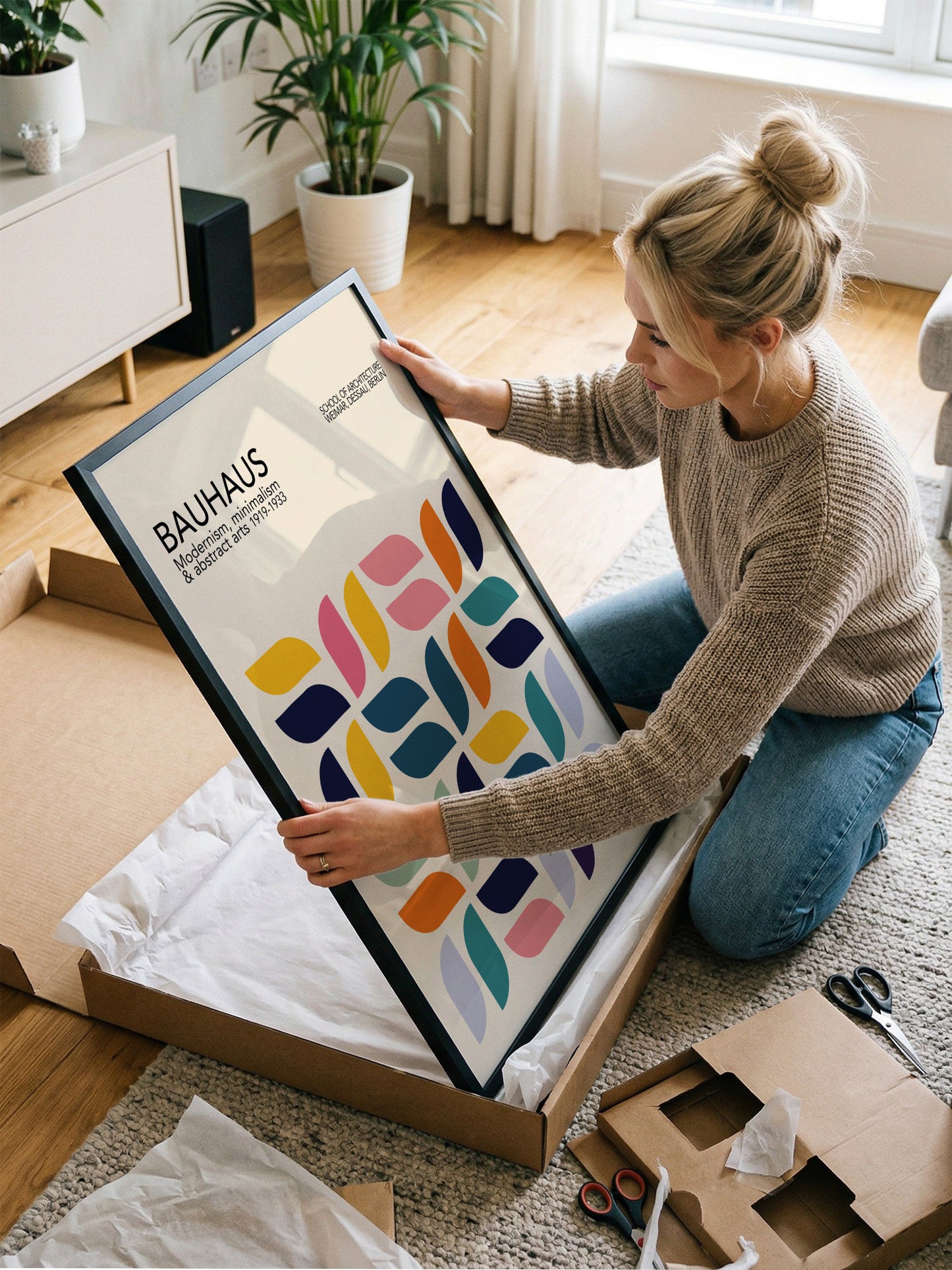 A woman is kneeling on the floor and holding a large framed poster with a colorful abstract design.