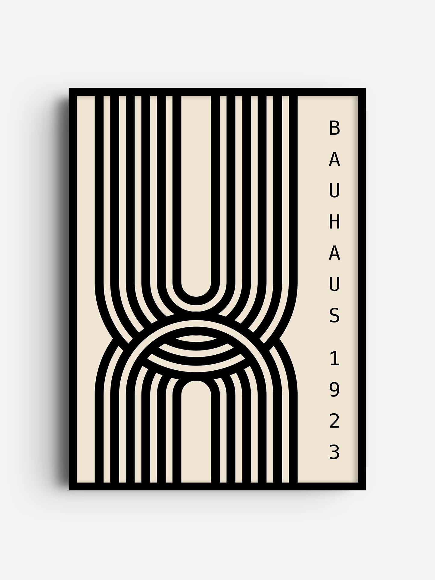 The image is a framed poster featuring a minimalist design with a repeating pattern of black and white lines.