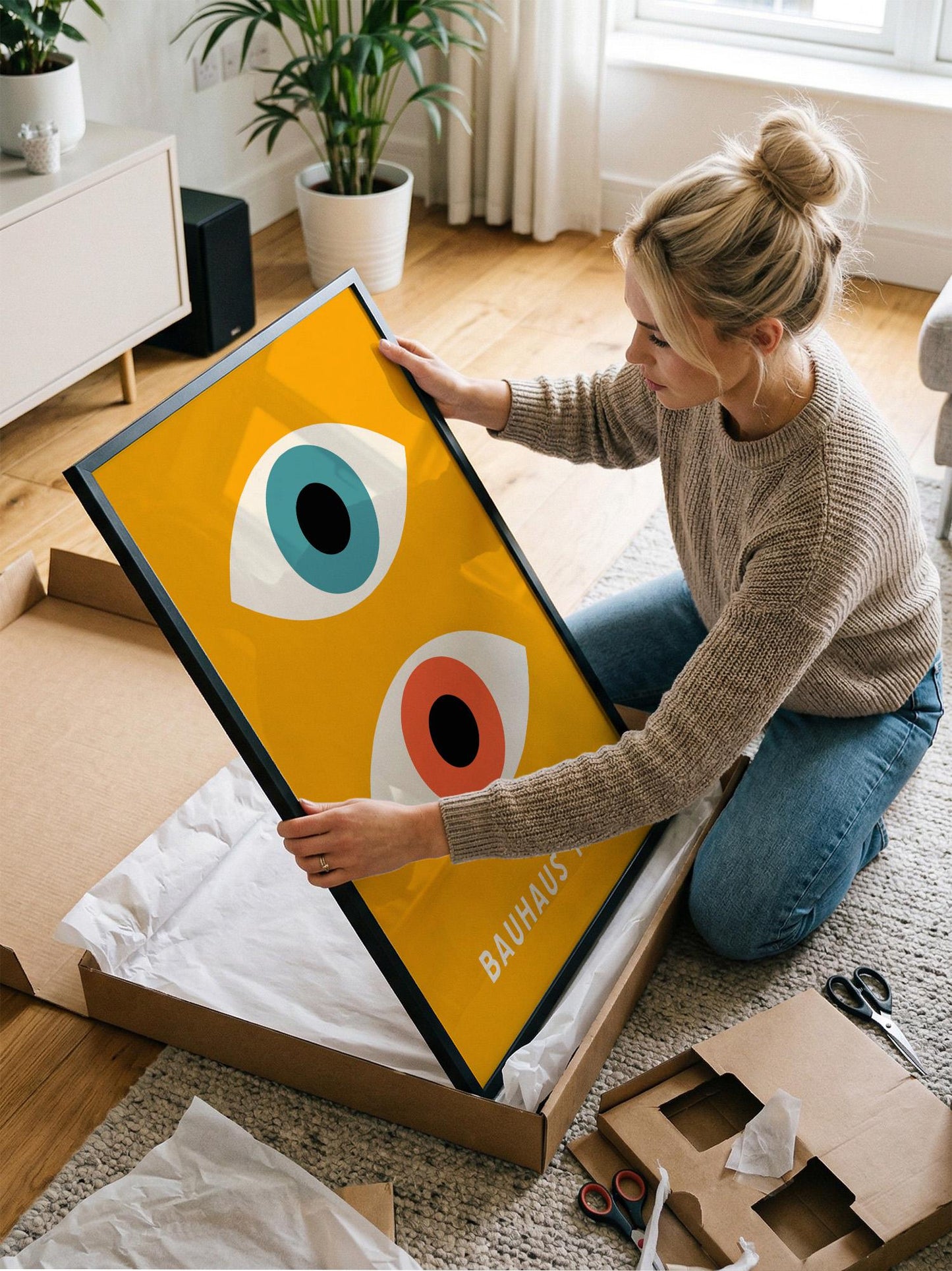 A woman is kneeling on the floor and holding a large framed poster with a yellow background and two large eye-like designs.