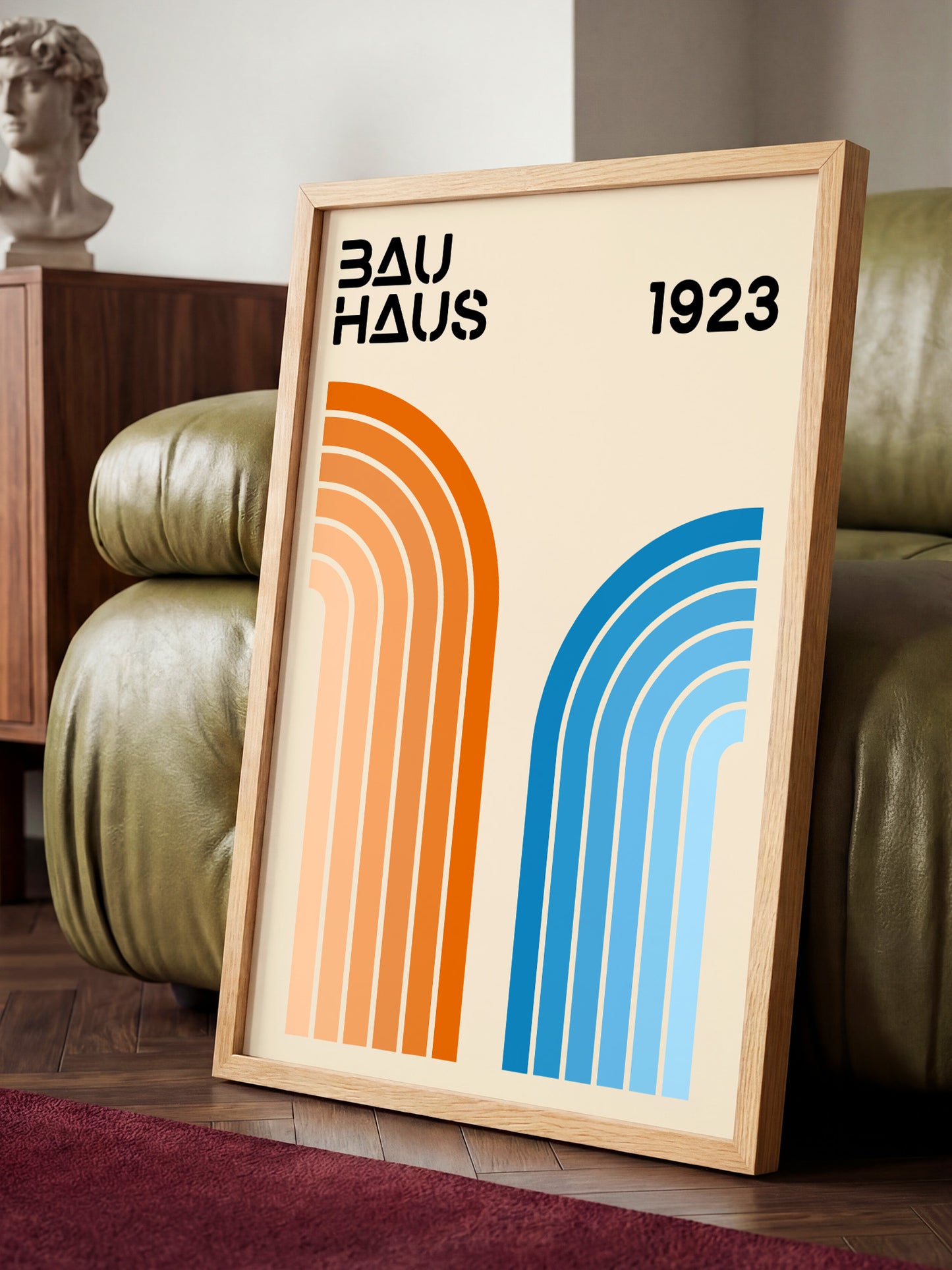 a framed poster of the Bauhaus design school, with a minimalist and modern aesthetic.