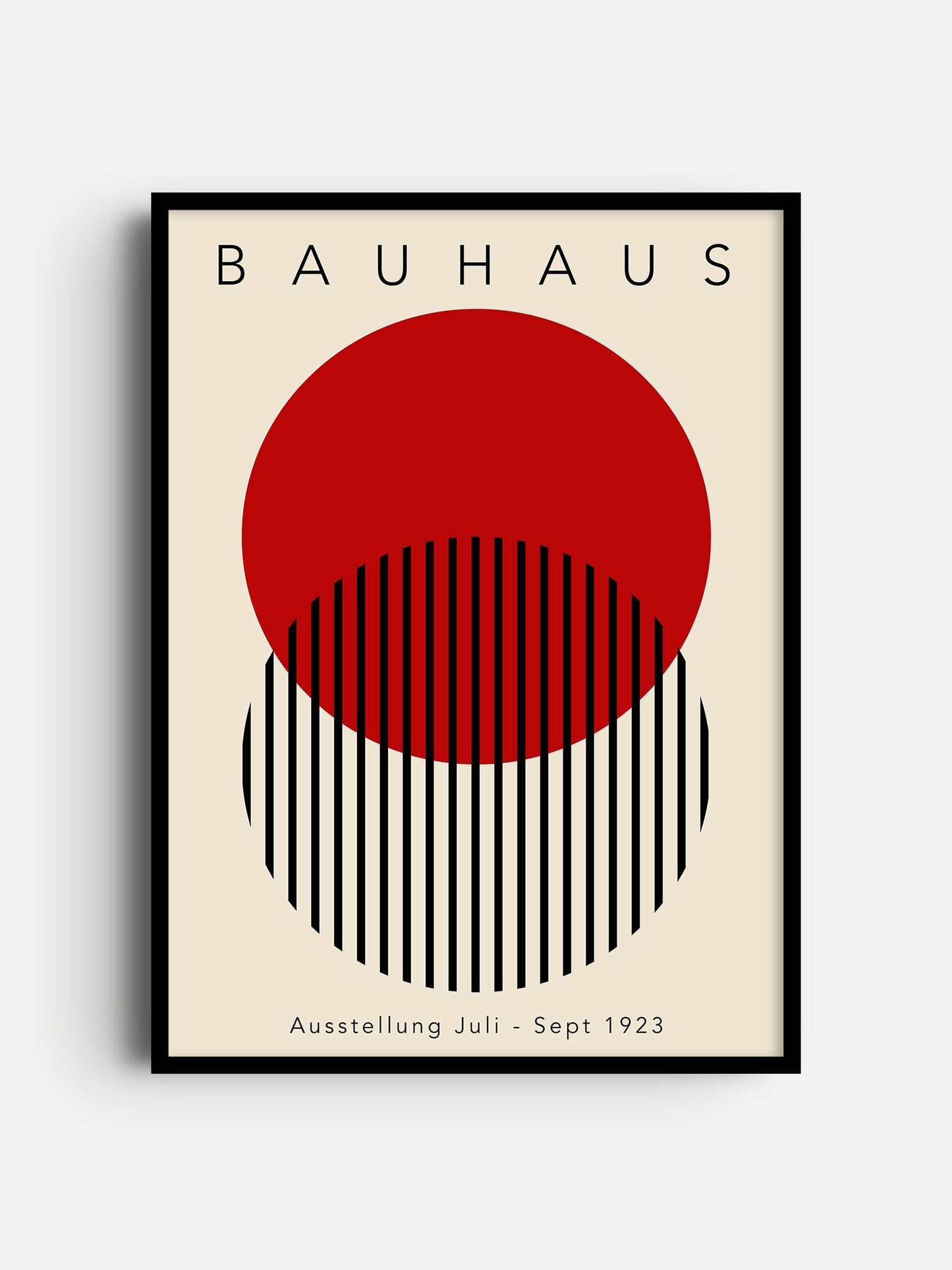 The image is a framed poster featuring a minimalist design with a large red circle and black vertical lines. The text "BAHAU" is displayed above the circle, and "AUSTSTELLUNG JULI - Sept 1923" is written below the circle.