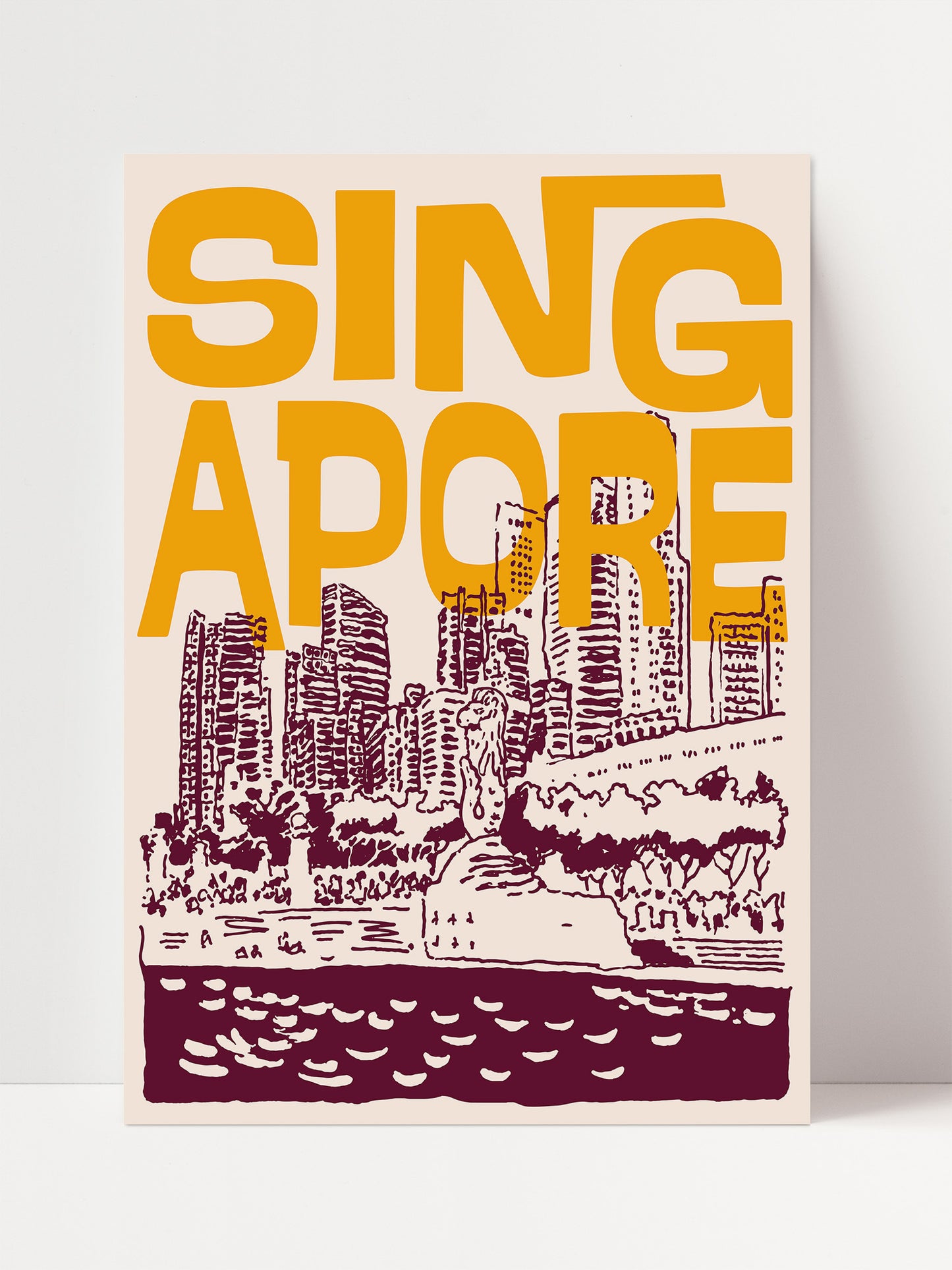 The image is a poster featuring a stylized illustration of a cityscape with tall buildings, water, and a prominent text that reads "SINGAPORE".