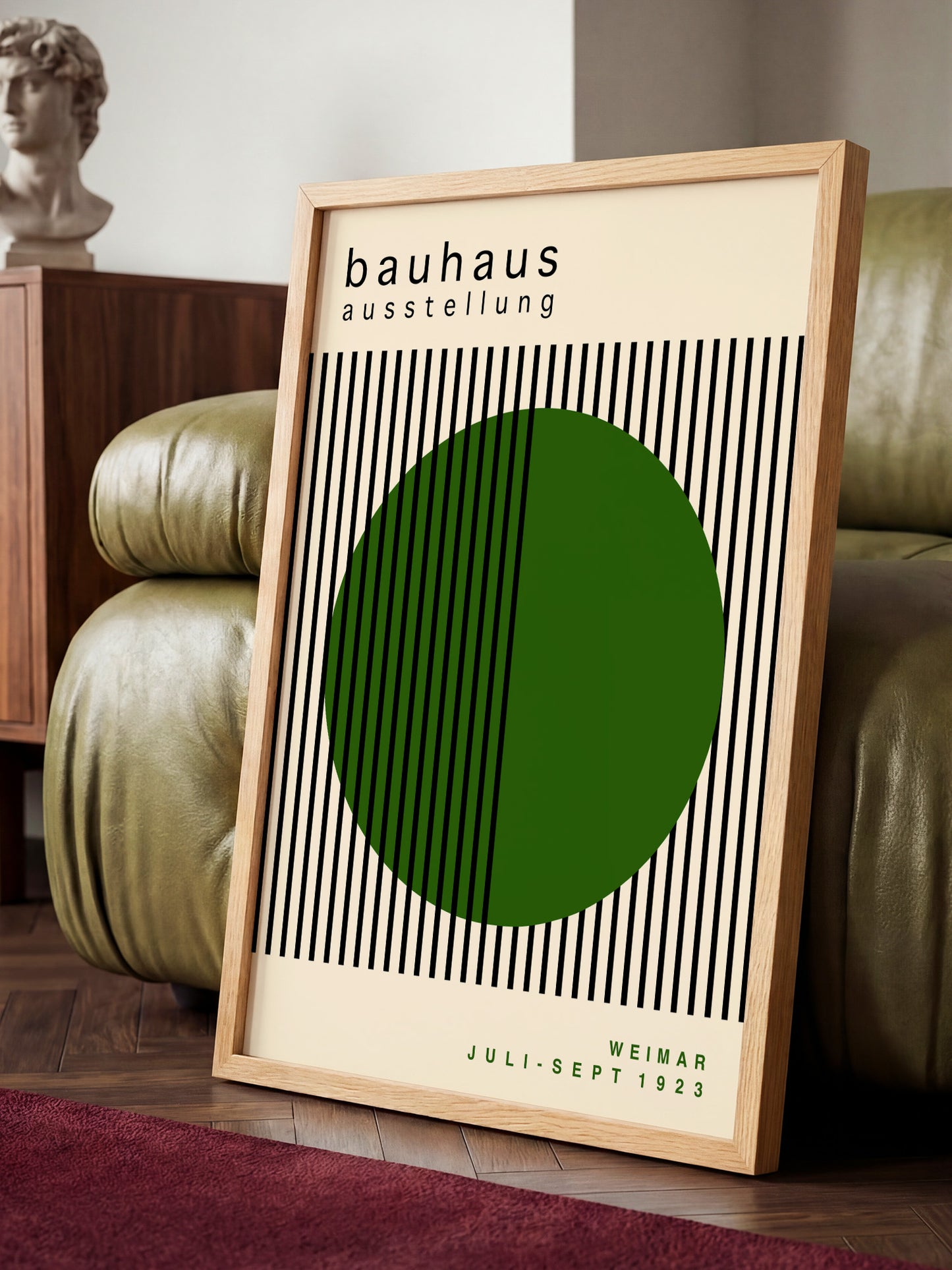 a minimalist poster of the Bauhaus art school, with a large green circle and black vertical lines on a beige background.