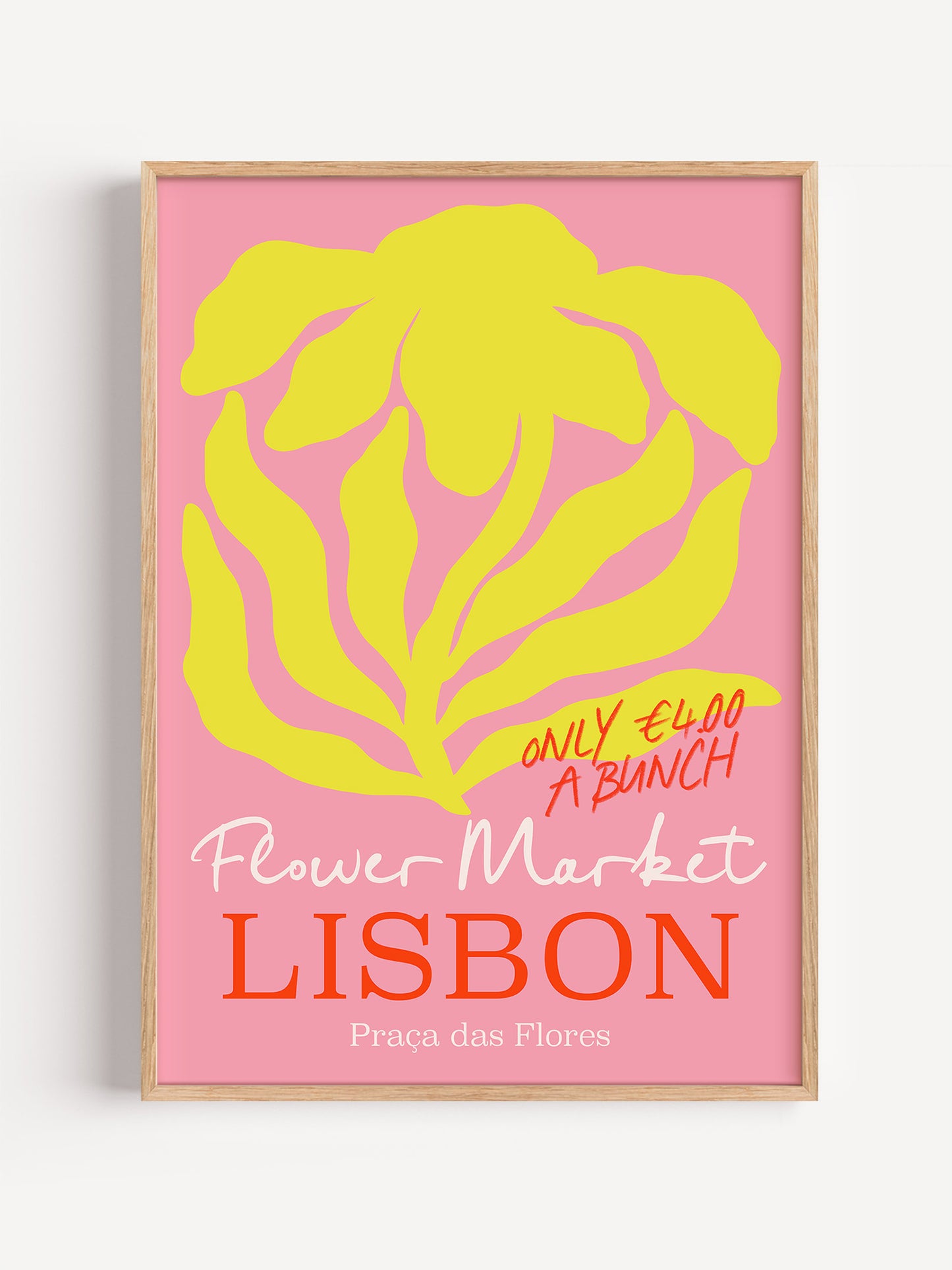 The image is a framed poster advertising a flower market in Lisbon.