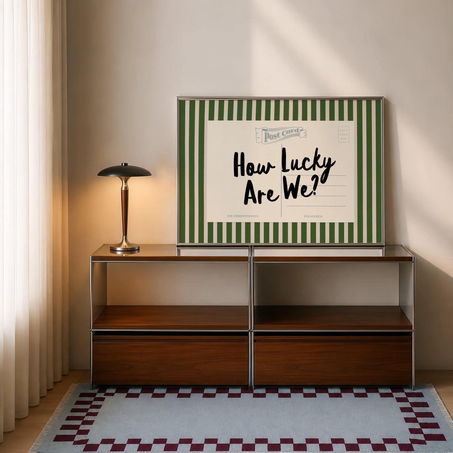 a wooden entertainment center with a lamp and a framed poster on the wall.