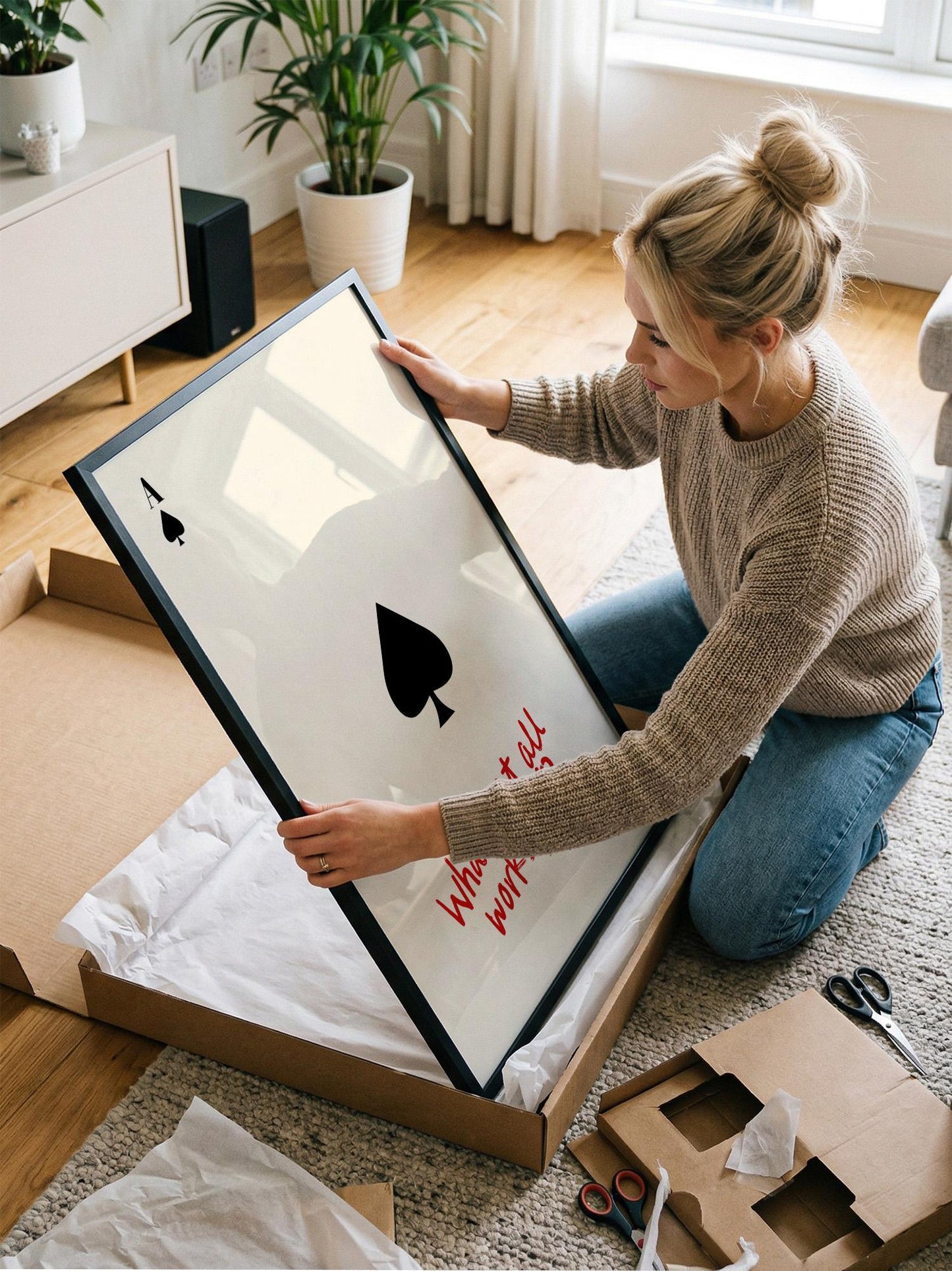 A woman is kneeling on the floor and holding a framed picture with a spade symbol on it.