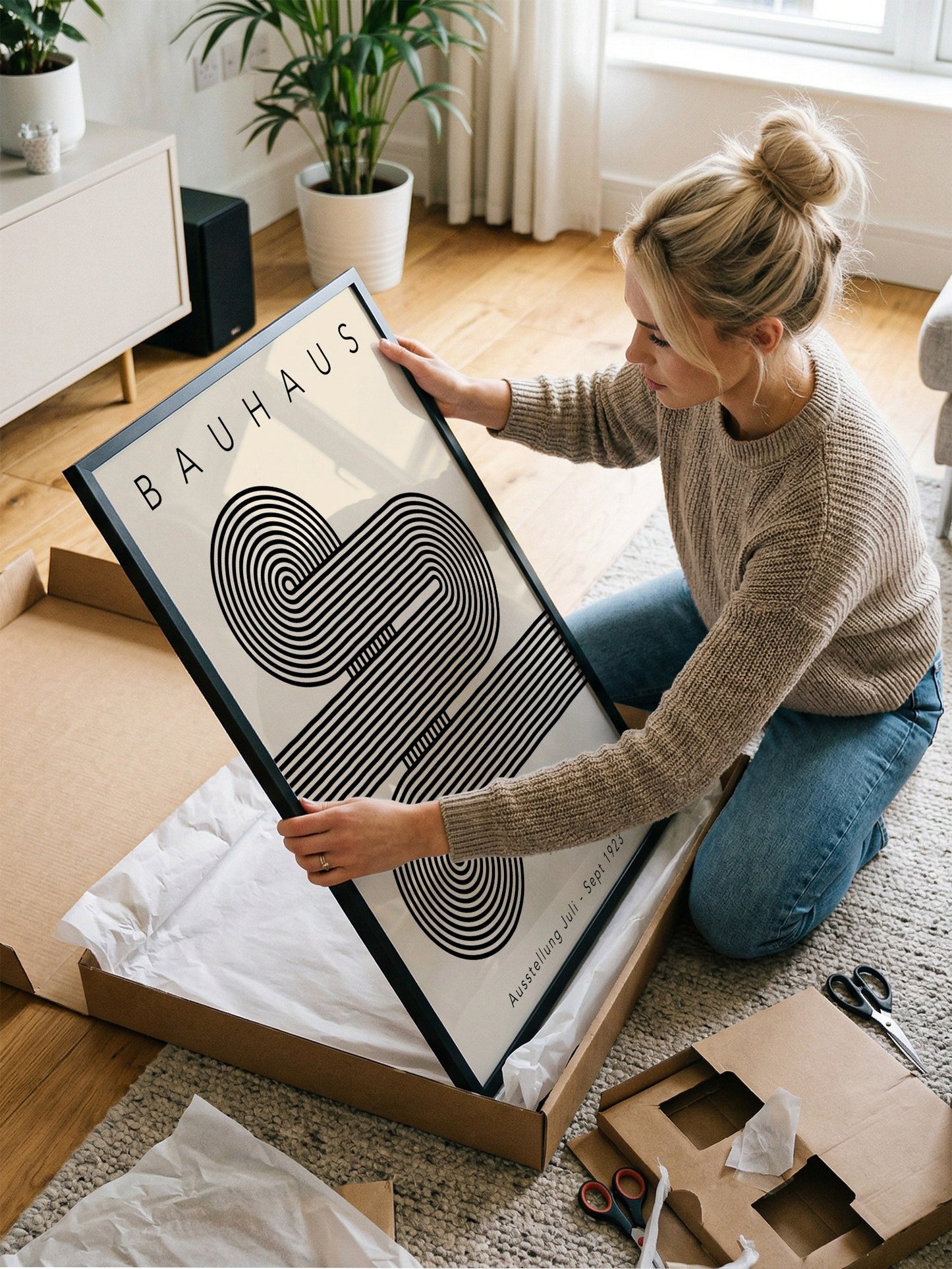 A woman is kneeling on the floor and carefully opening a large cardboard box, which contains a framed poster with a striking black and white abstract design.