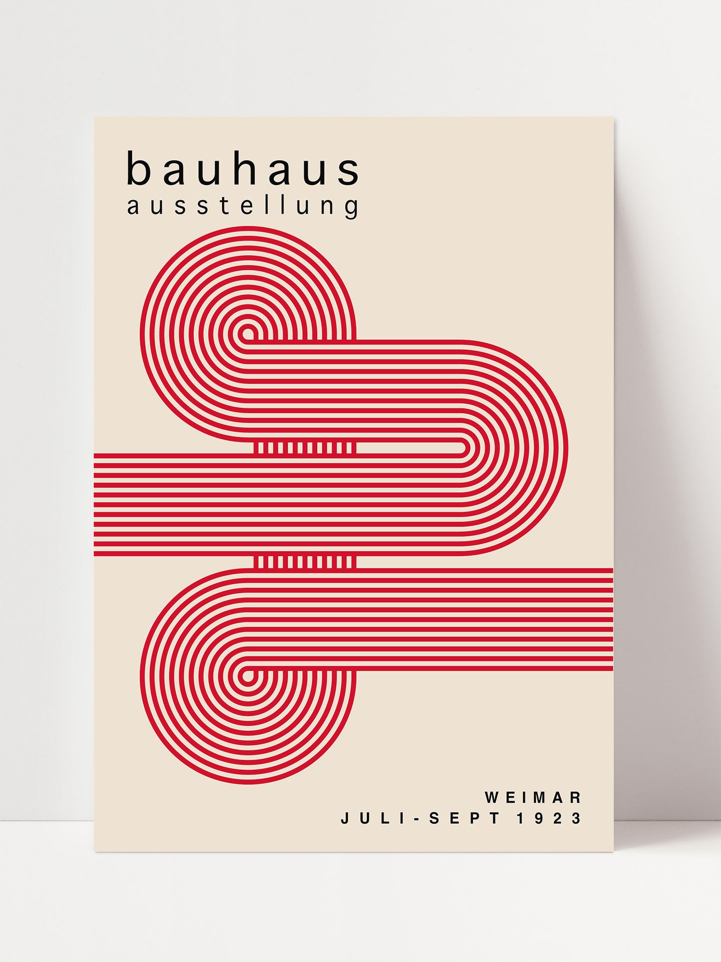 The image is a poster for the Bauhaus exhibition in Weimar, Germany, which took place from July to September 1923.