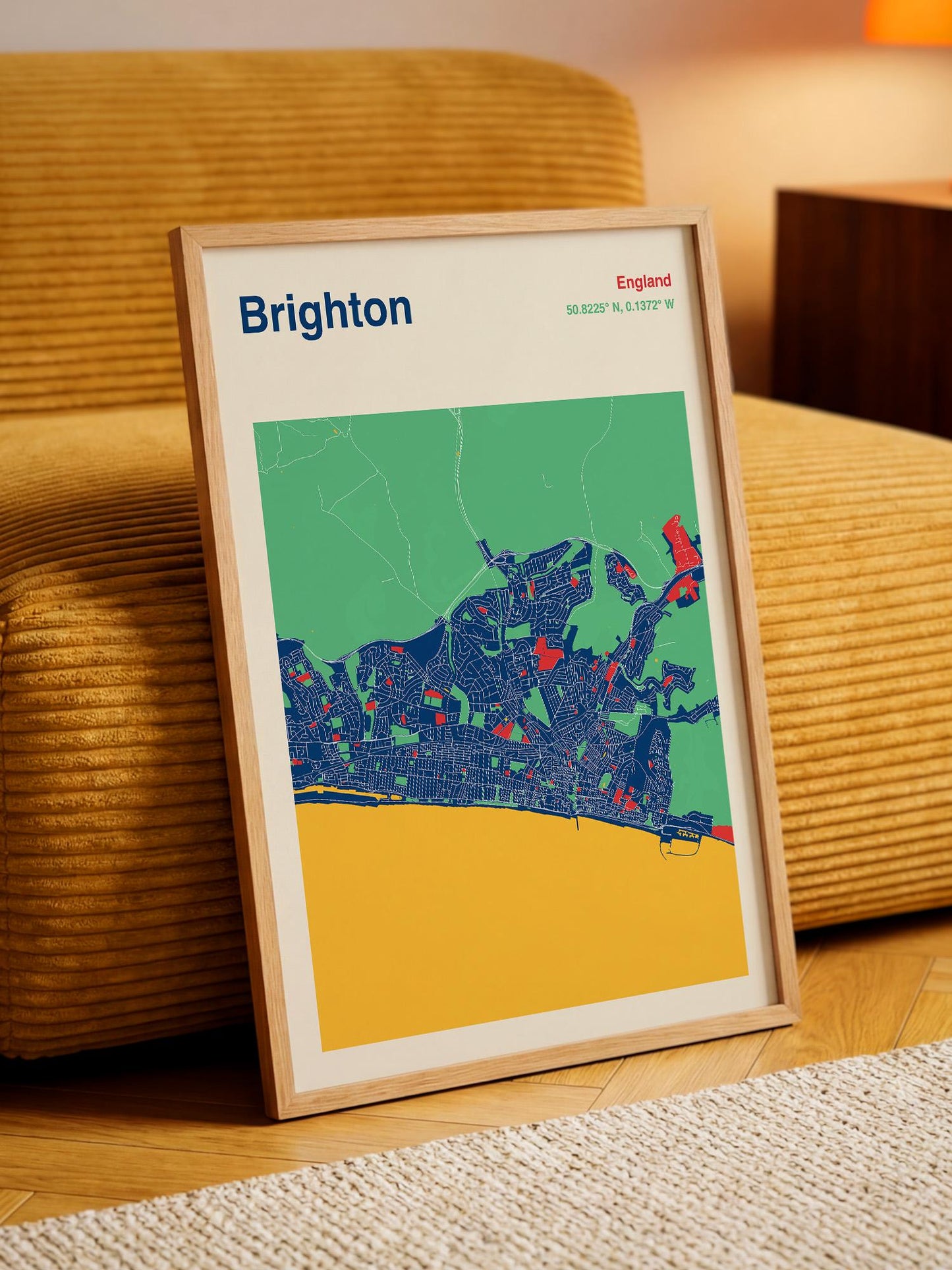 A framed map of Brighton, England, depicting the city's layout and surrounding areas.