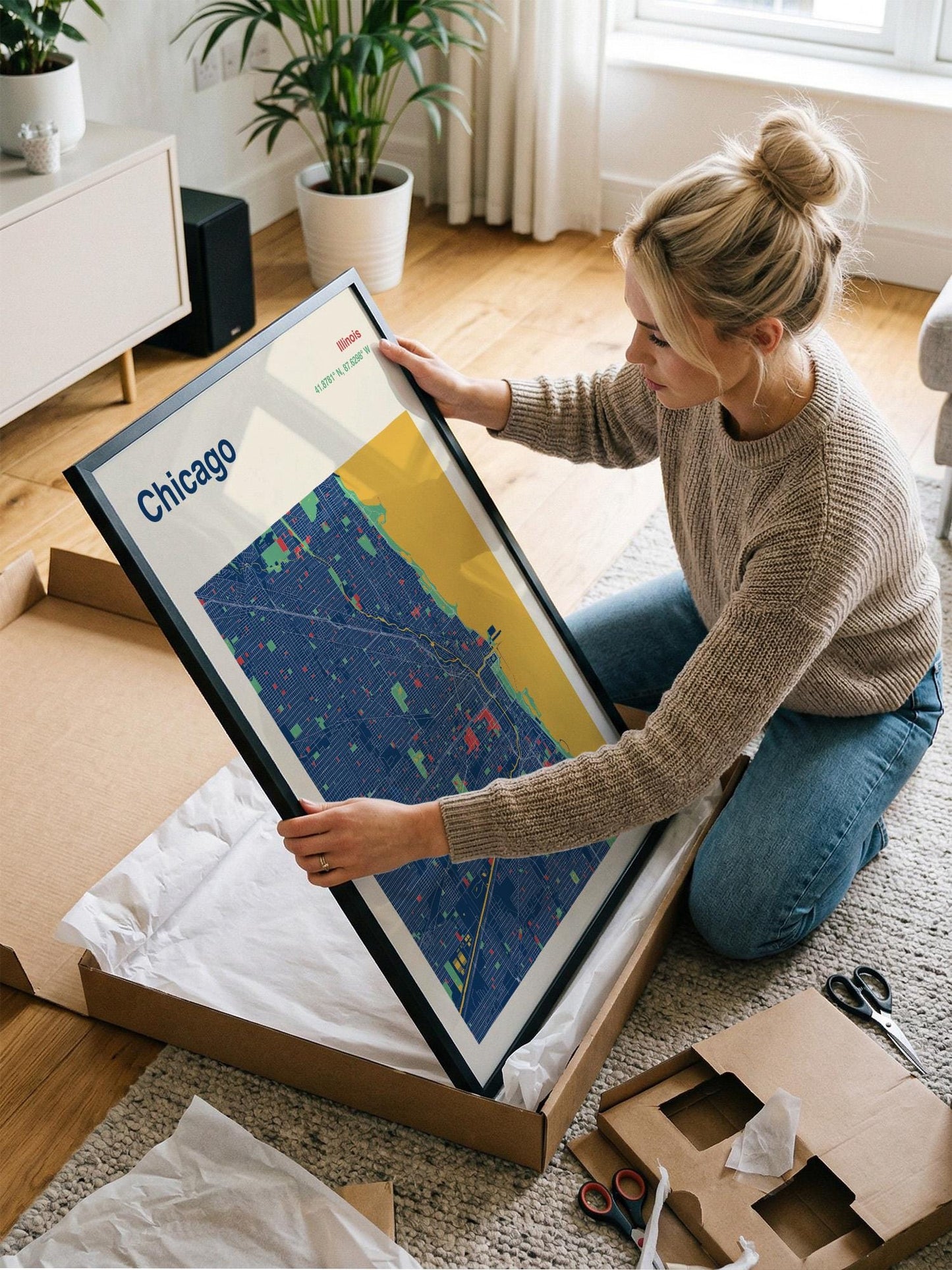 A woman is kneeling on the floor and holding a framed map of Chicago, which is placed in a cardboard box.