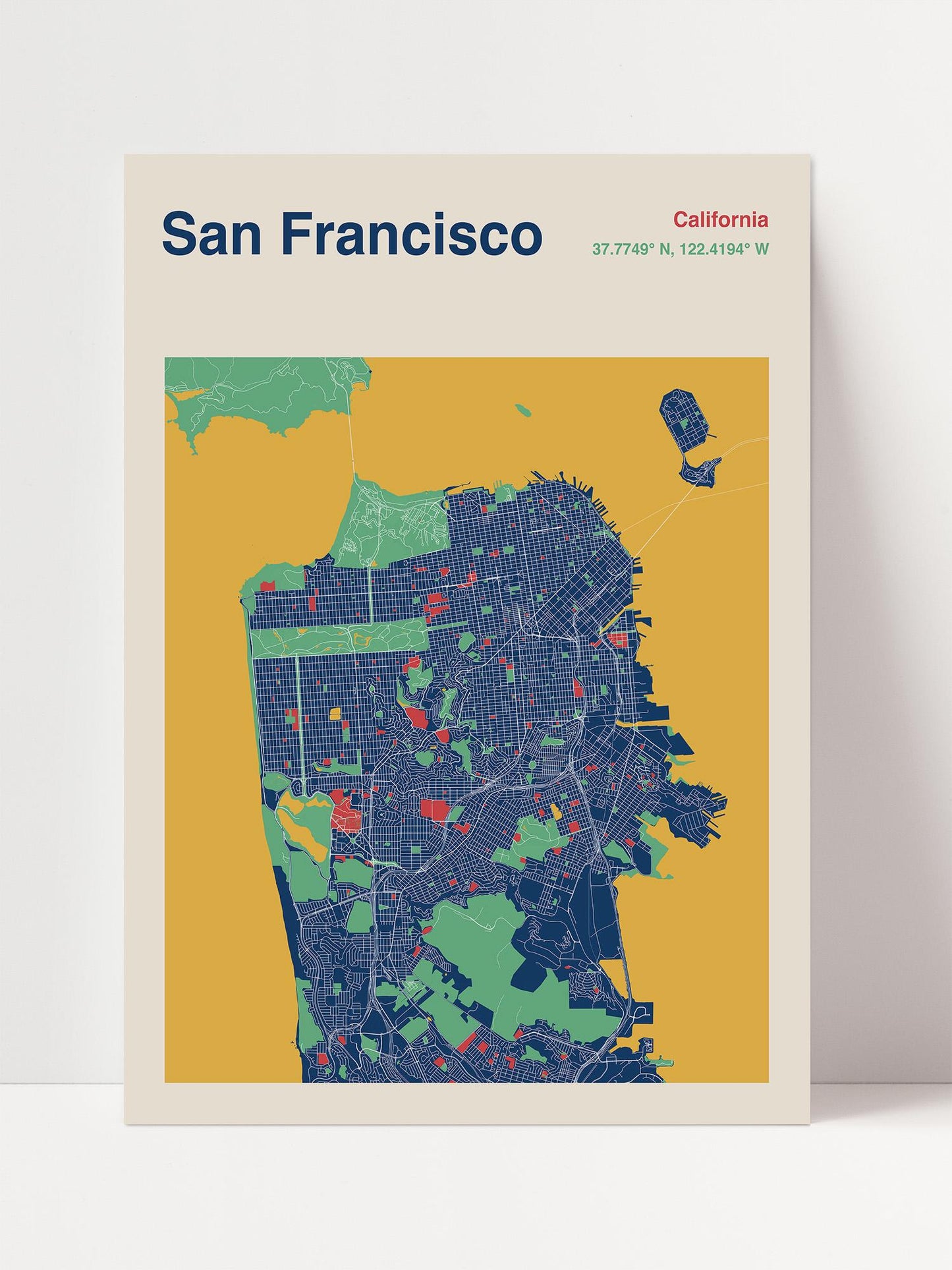 The image is a colorful map of San Francisco, California, with various shades of blue, green, and yellow representing different areas of the city.