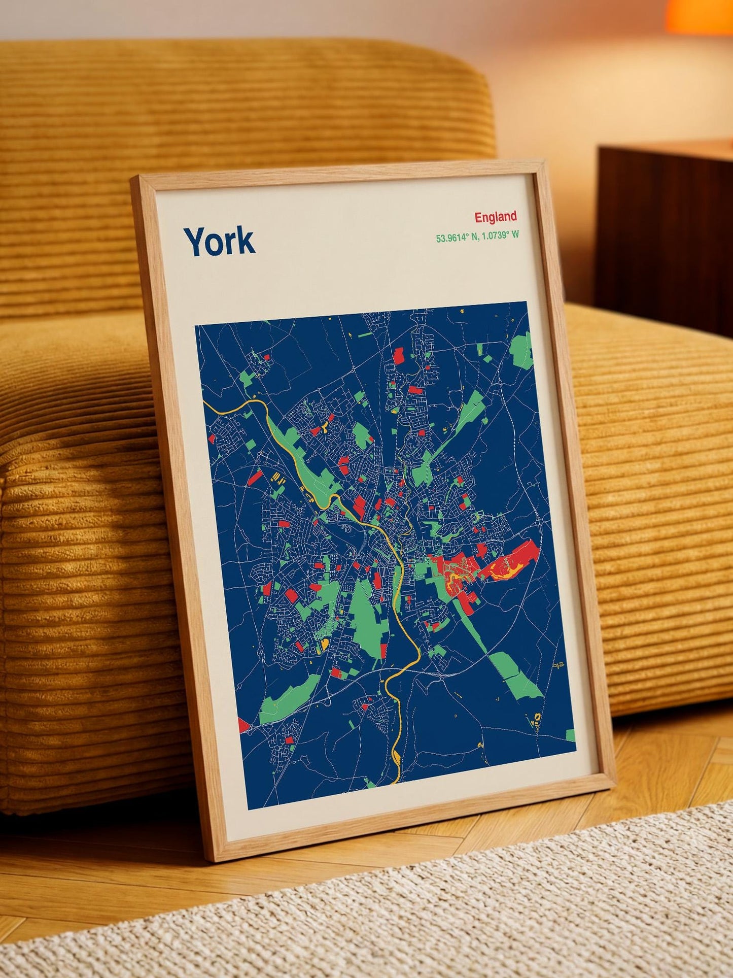 A framed map of York, England, with a colorful and detailed representation of the city's streets and landmarks.