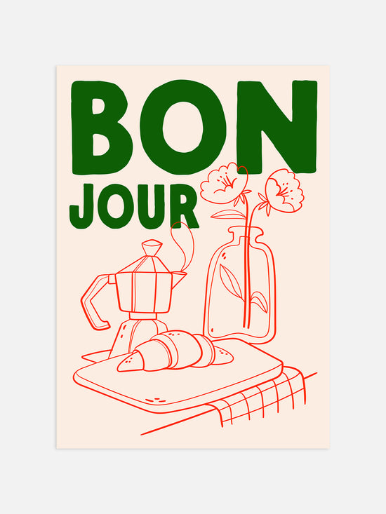 Bonjour, French Breakfast Poster | Red And Red