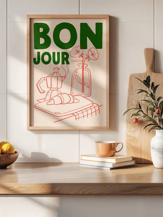 Bonjour, French Breakfast Poster | Red And Red