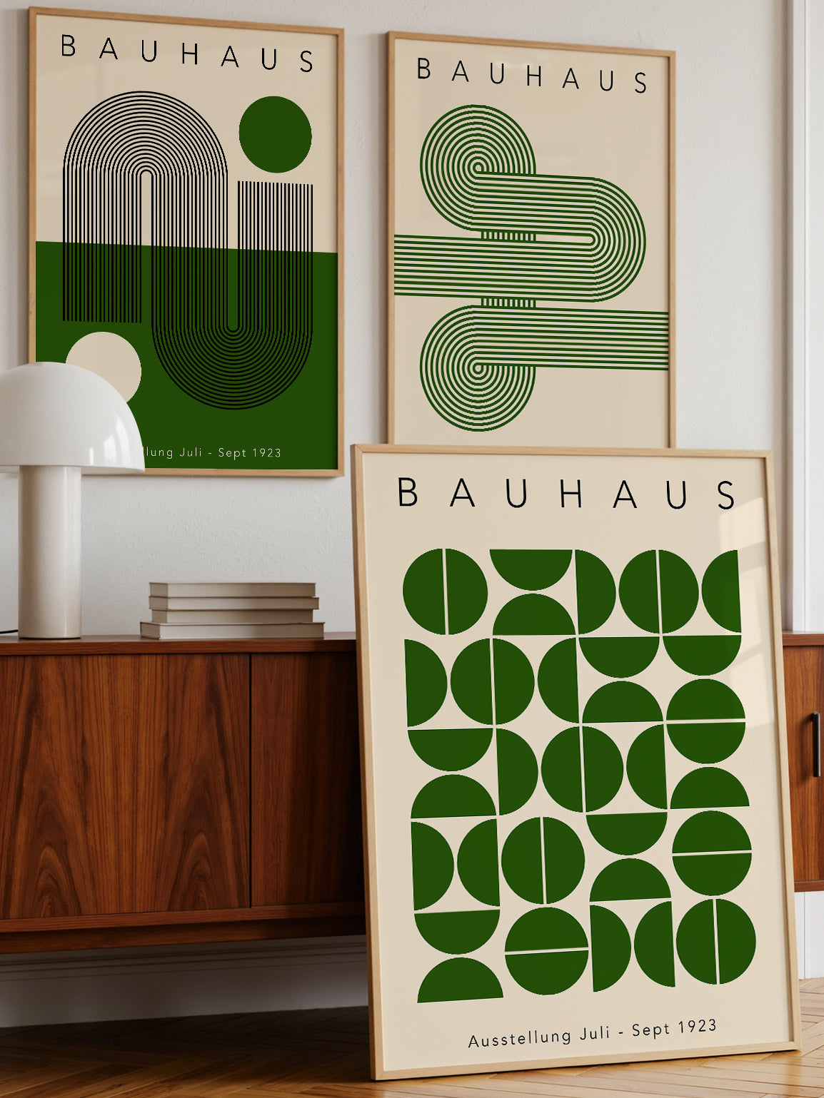 Set Of 3 Green Minimalist Bauhaus Prints