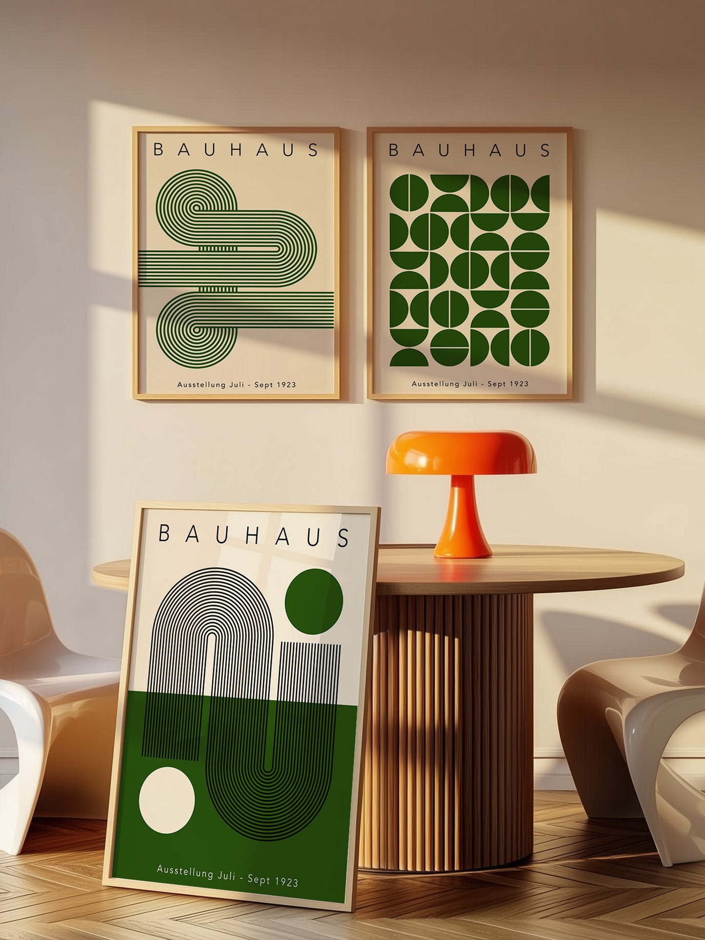 Set Of 3 Green Minimalist Bauhaus Prints