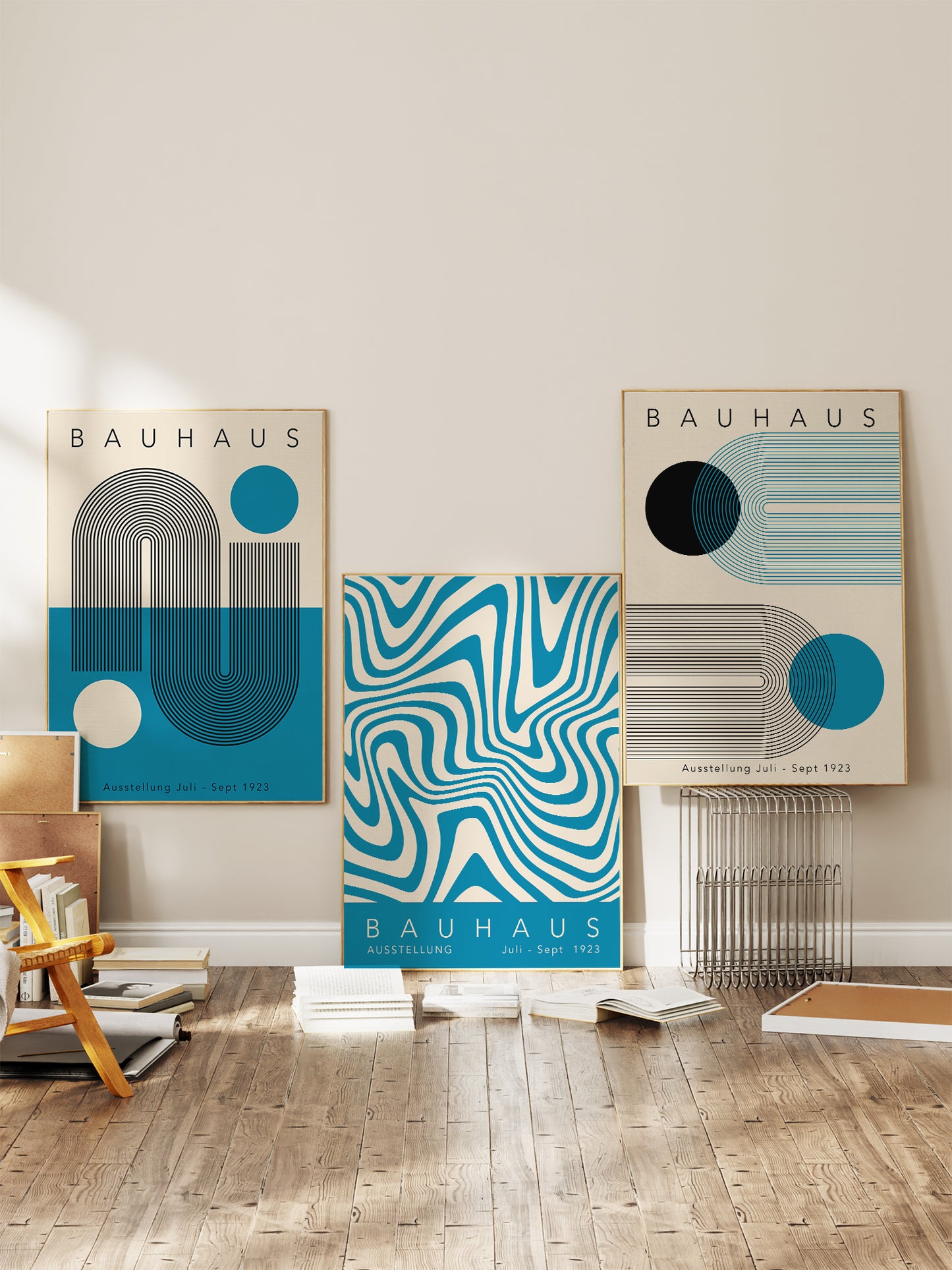 Set Of 3 Blue Bauhaus Posters