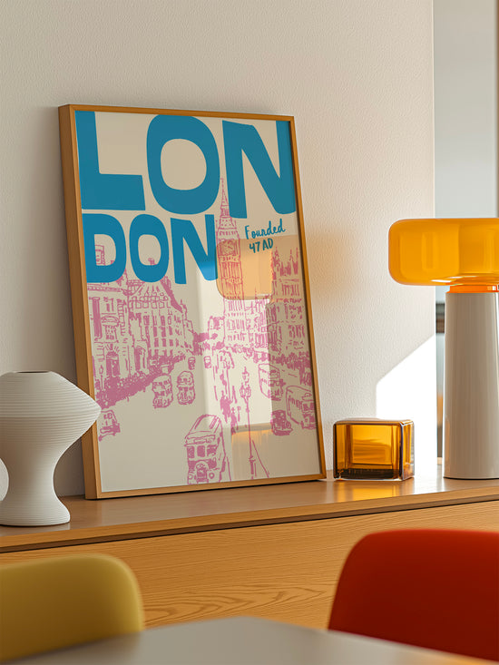 Retro London Print, Pink And Blue | Download