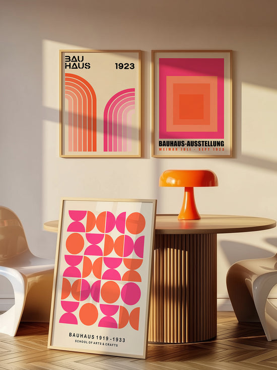 Set Of 3 Pink And Orange Bauhaus Prints