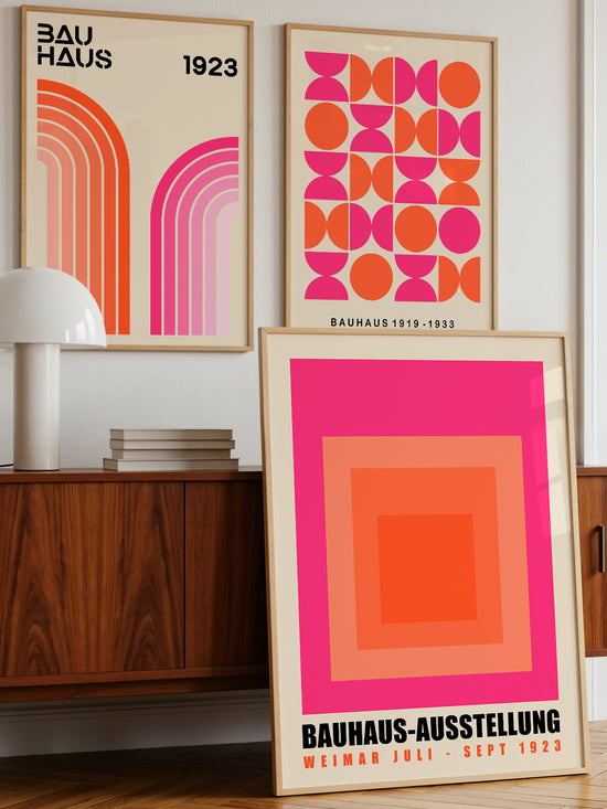Set Of 3 Pink And Orange Bauhaus Prints