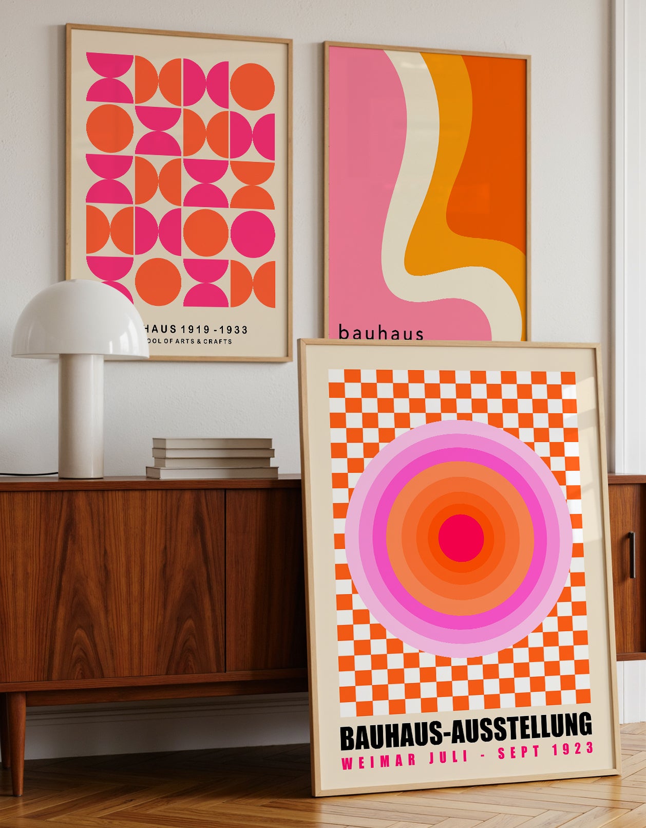 Set Of 3 Pink And Orange Bauhaus Prints | Unframed Geometric Wall Art