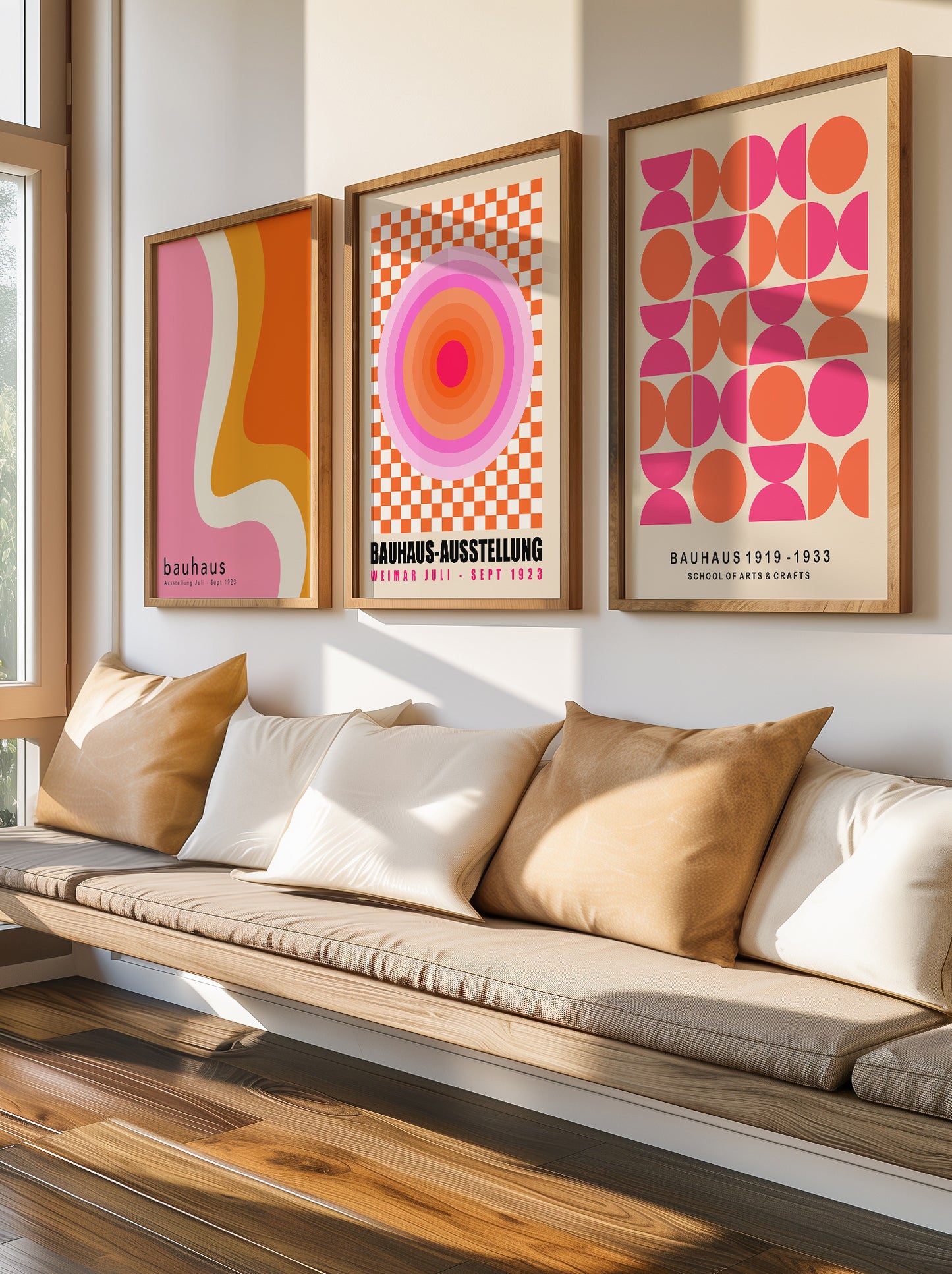 Set Of 3 Pink And Orange Bauhaus Prints | Unframed Geometric Wall Art