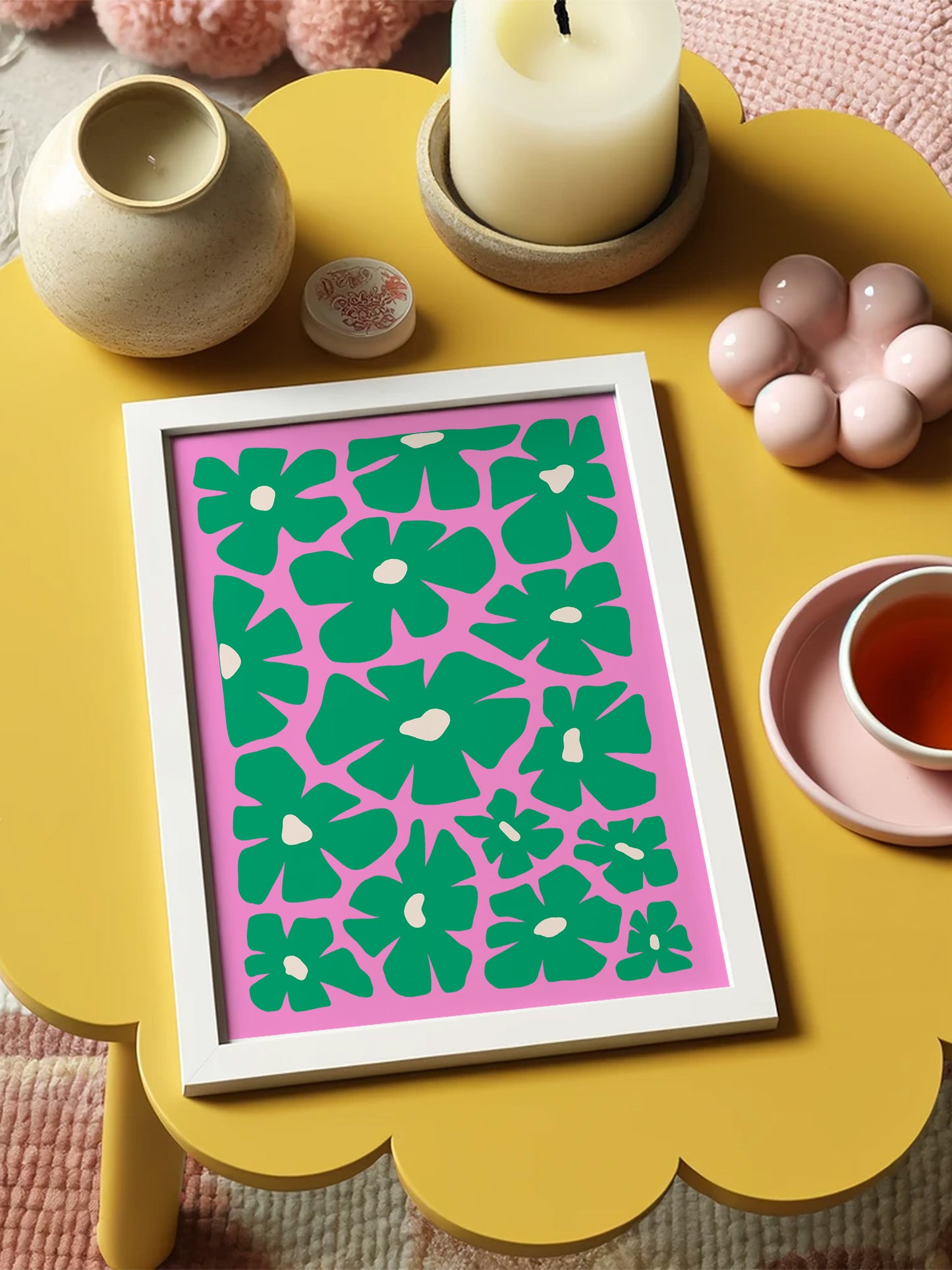 Retro Green And Pink Floral Art Print