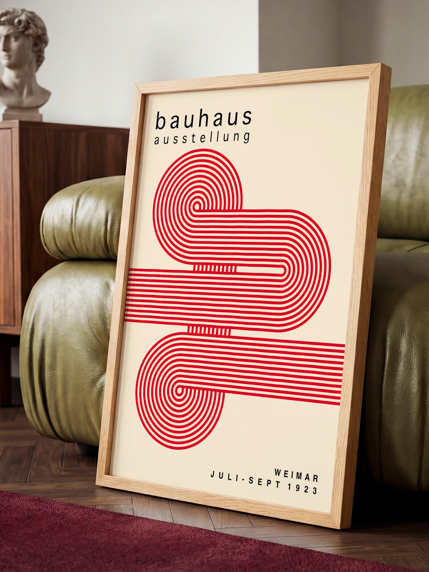 a poster of the Bauhaus art school, with a minimalist design and bold red and white colors.