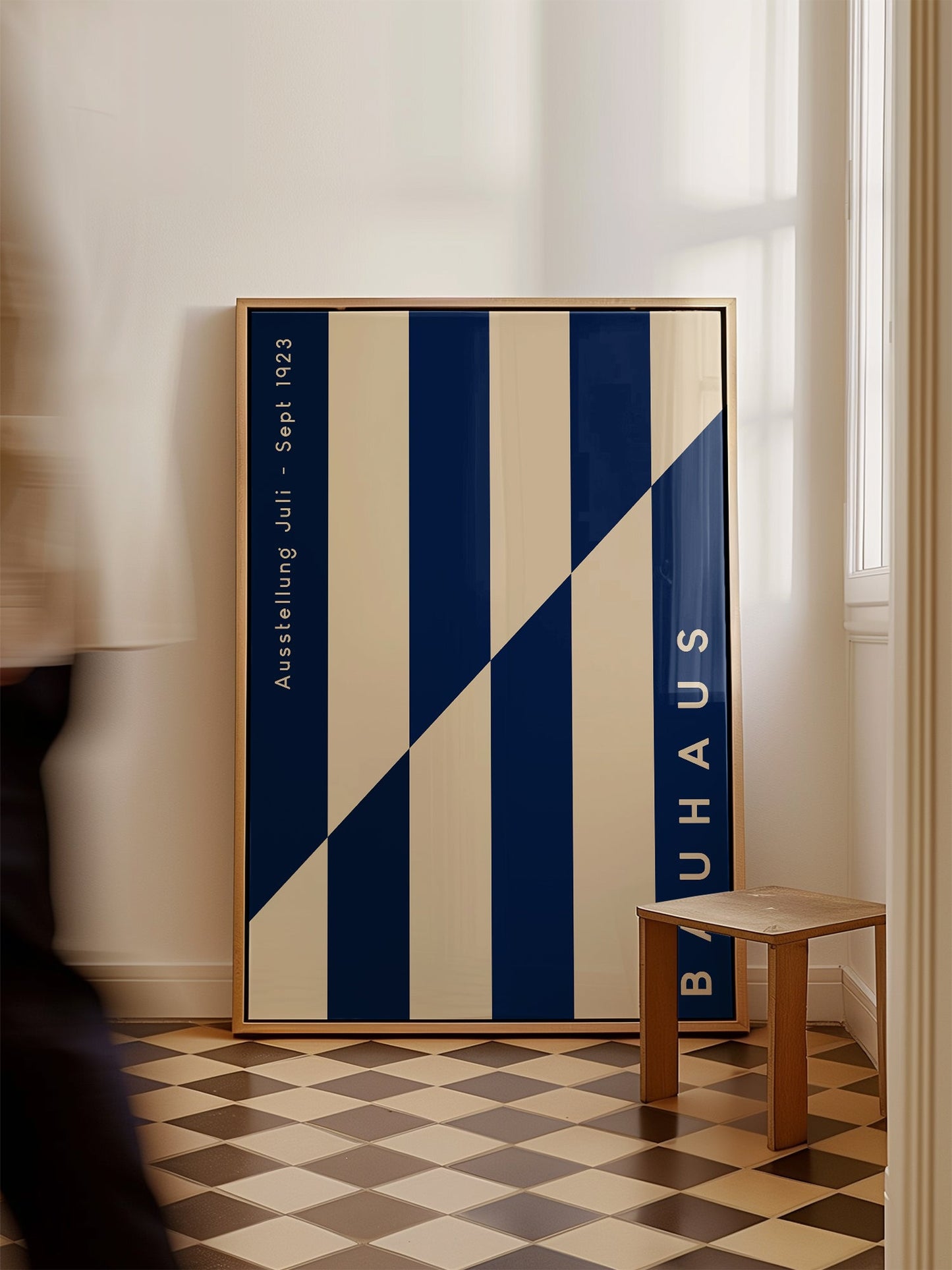 Bauhaus Print Navy Blue Poster – Geometric Art Print with Beige Stripes Design
