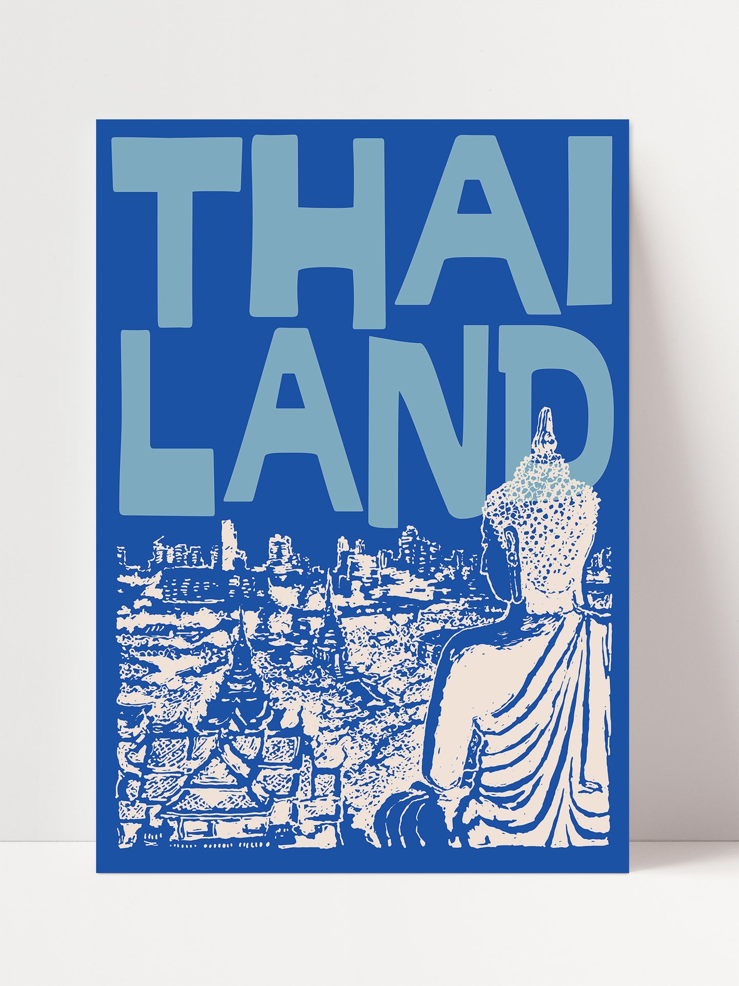 The image is a poster or artwork featuring a stylized depiction of a Buddha figure in a meditative pose, with a cityscape in the background. The text "THAI LANDS" is prominently displayed in large letters, indicating the theme or subject of the artwork.