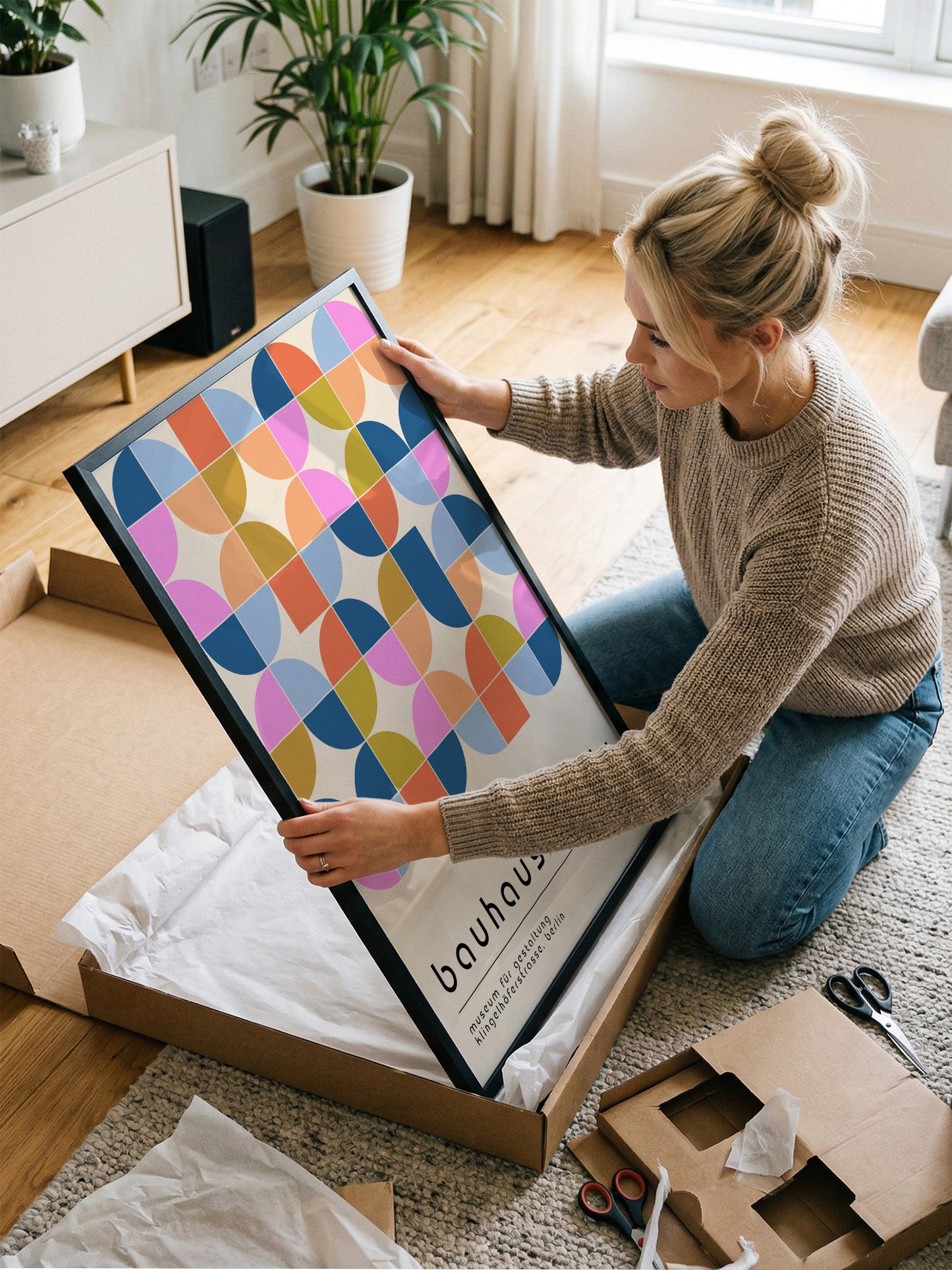 A woman is kneeling on the floor and holding a large, colorful poster with a geometric pattern. She is surrounded by boxes and other items, suggesting she is in the process of unpacking or organizing her belongings.