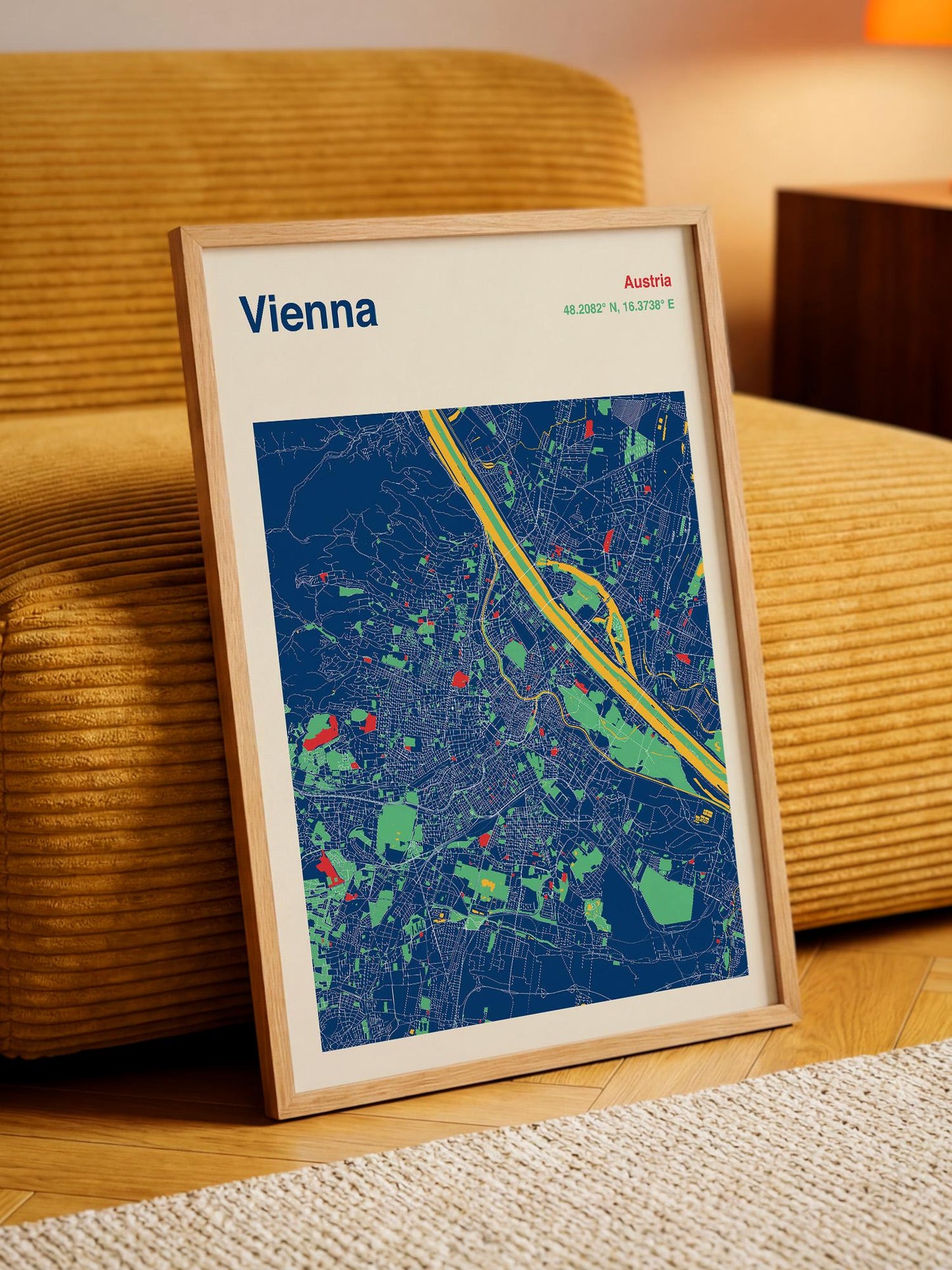 a framed map of Vienna, Austria, with a colorful and detailed representation of the city's streets and landmarks.