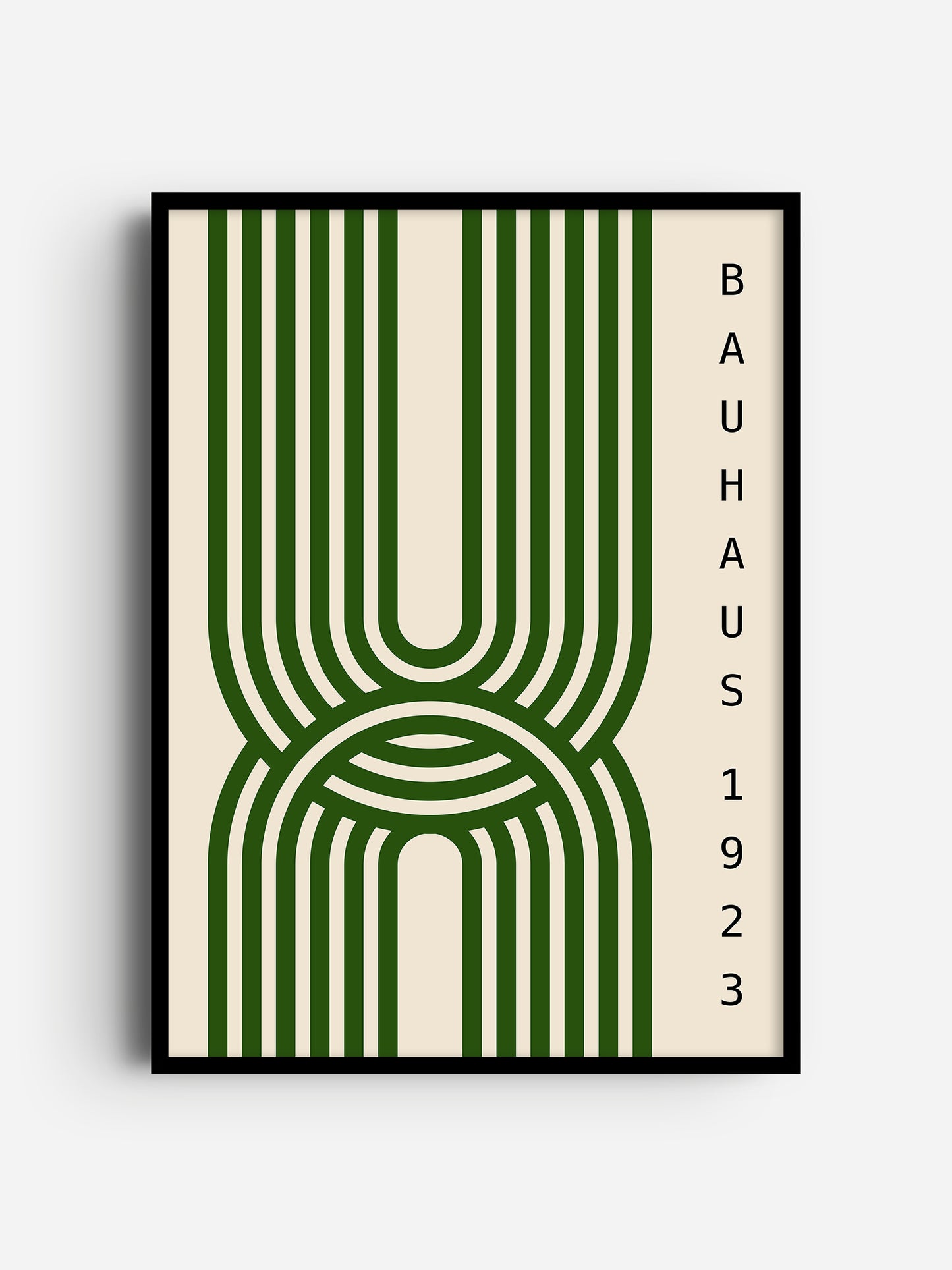 The image is a framed poster featuring a minimalist design with a repeating pattern of green and white stripes.