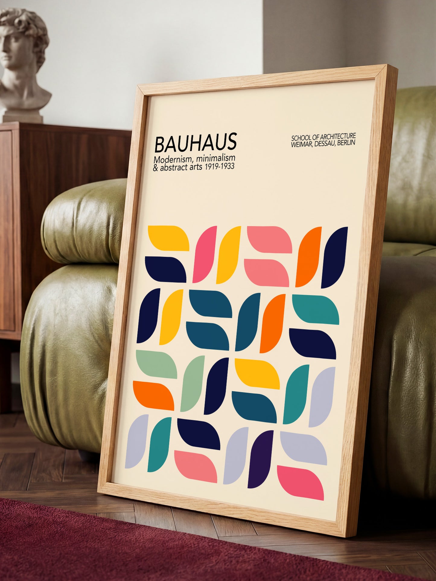 a framed poster of the Bauhaus school of architecture, showcasing the minimalist and abstract art style of the Bauhaus movement.