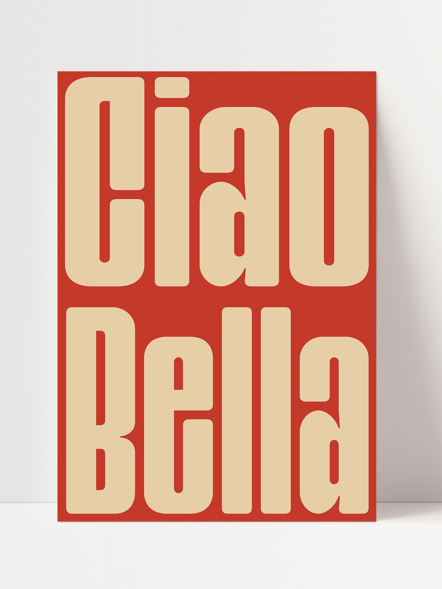 a large red and cream-colored text that reads "Ciao Bella".