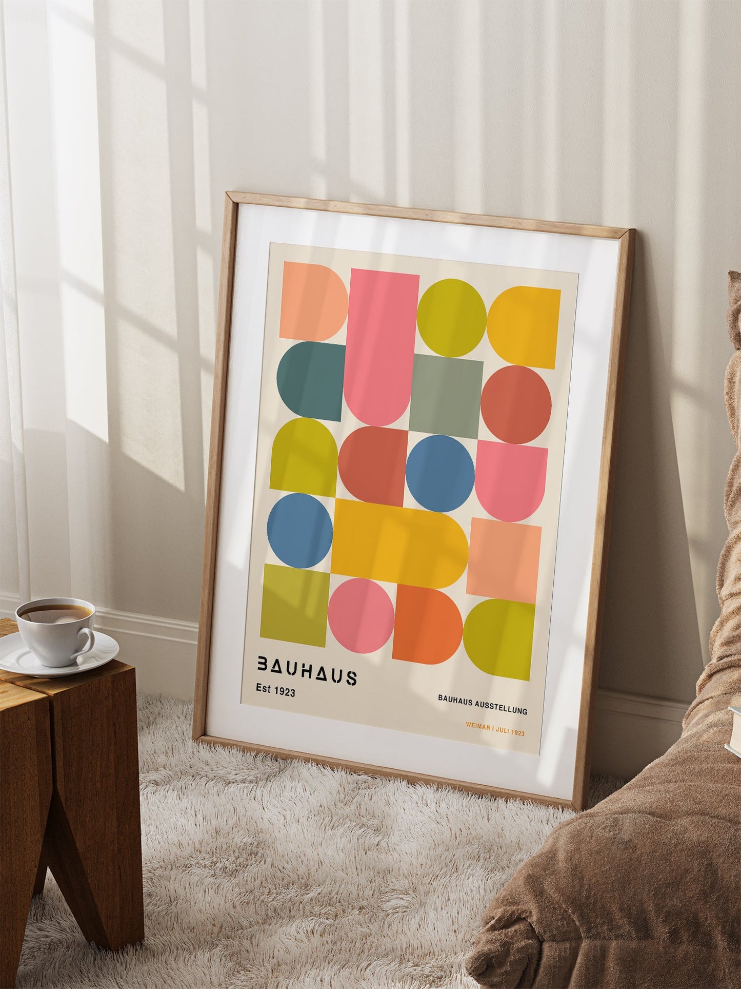 Bauhaus Poster – Modernist Art Print with Multicolour Geometric Shapes Framed
