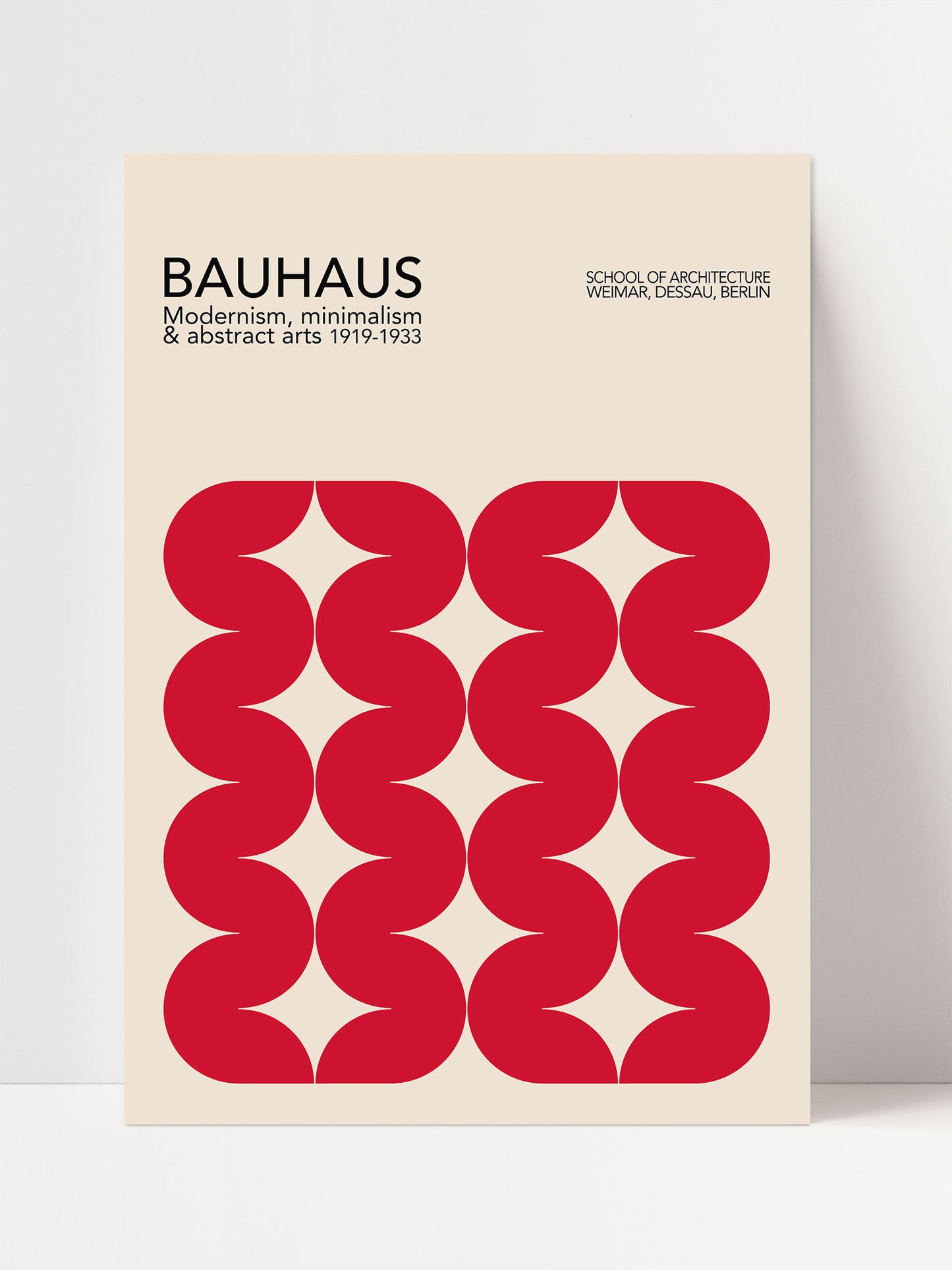 The image is a poster for the Bauhaus School of Architecture in Berlin, featuring a minimalist design with a repeating pattern of red circles on a beige background.