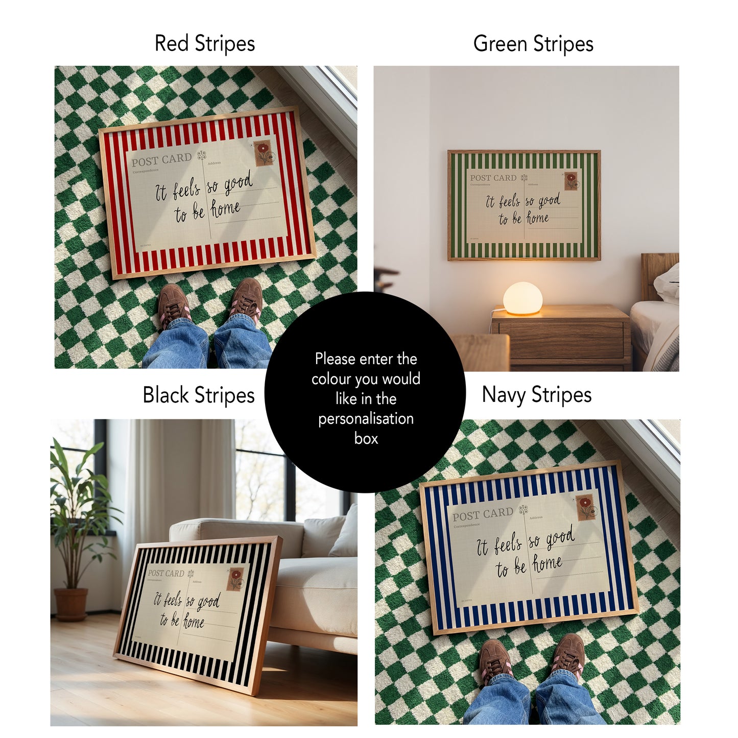 The image is a collage of four photos featuring a person's feet standing on different colored striped floors, with a framed postcard on the wall.