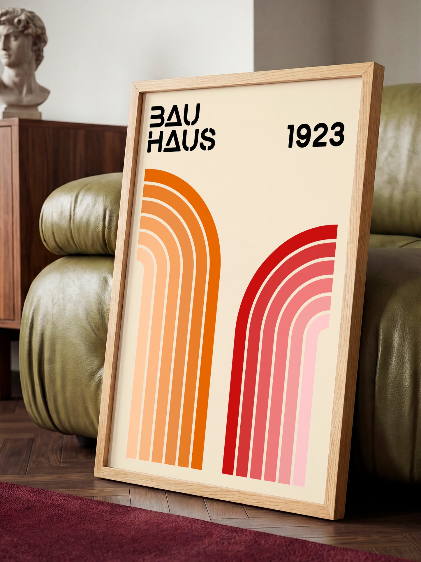 a framed poster of the Bauhaus design school, with a vintage aesthetic.