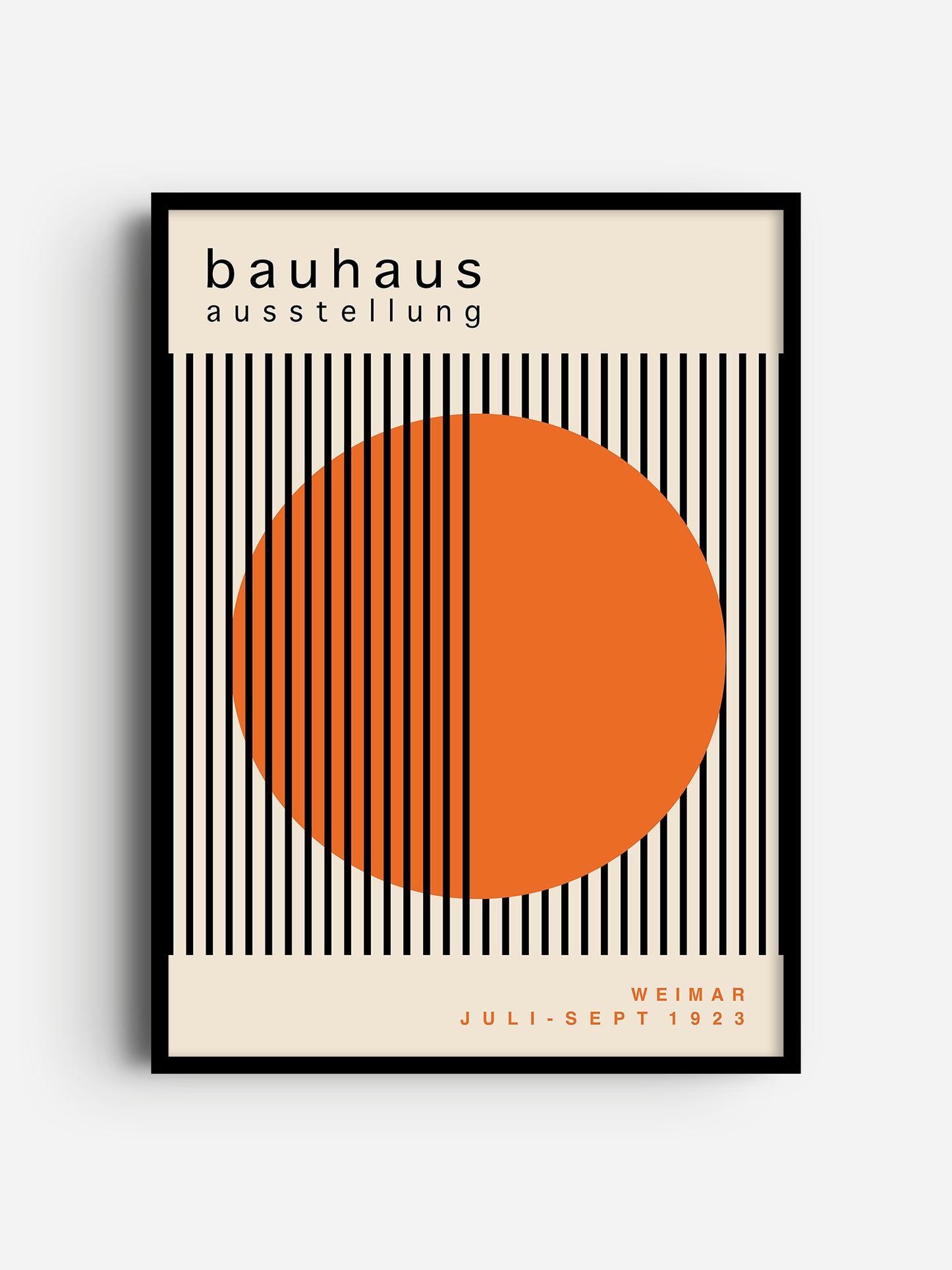 The image is a poster for the Bauhaus exhibition in Weimar, Germany, which took place from July to September 1923. The poster features a large orange circle with vertical black lines, creating a striking visual contrast.