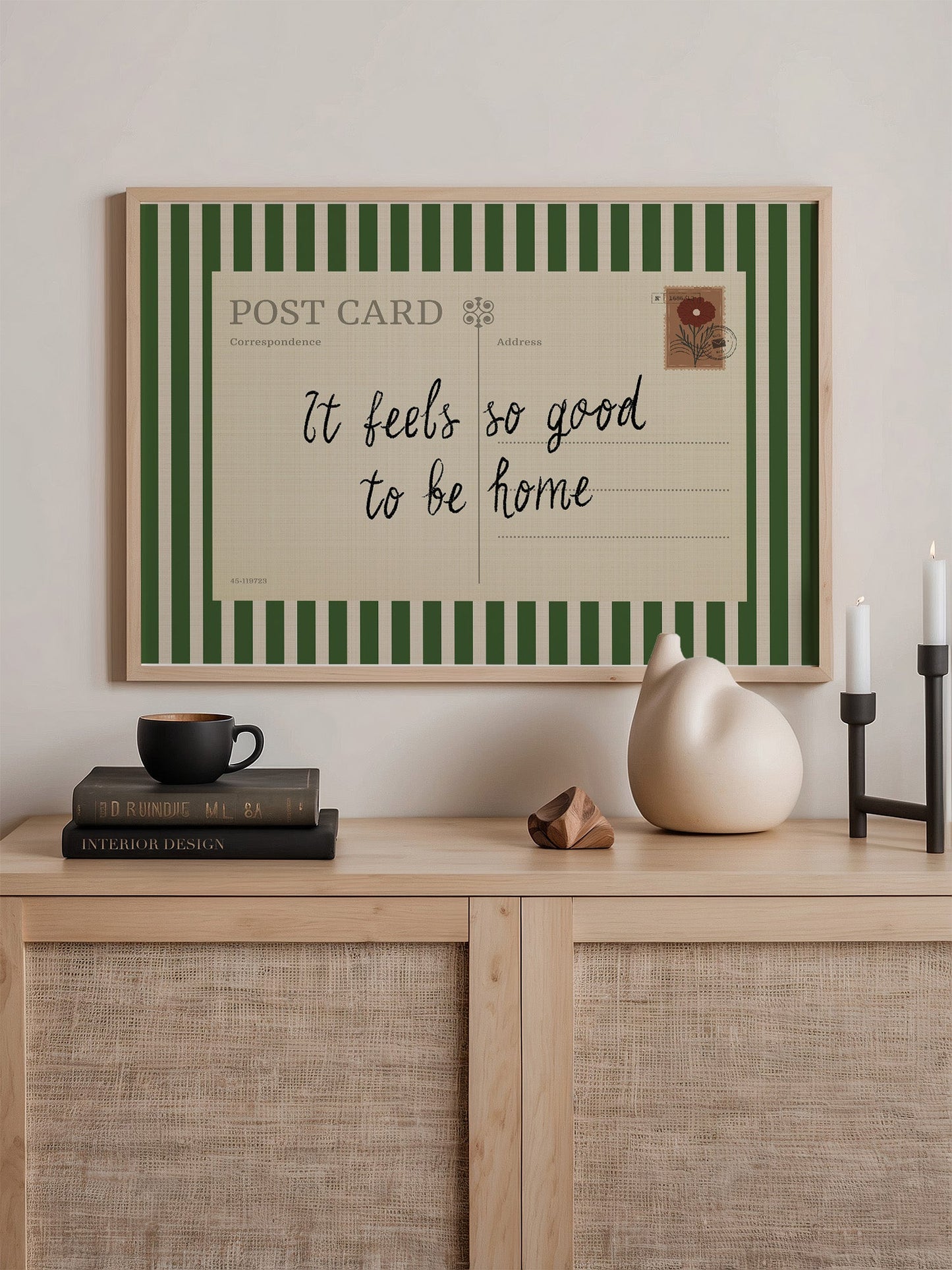 Framed Vintage Postcard Poster – Retro Quote Striped Background Print